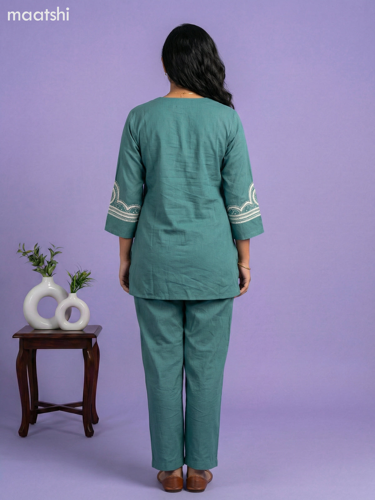 Teal Green Cotton Embroidery Work Short Kurti Set
