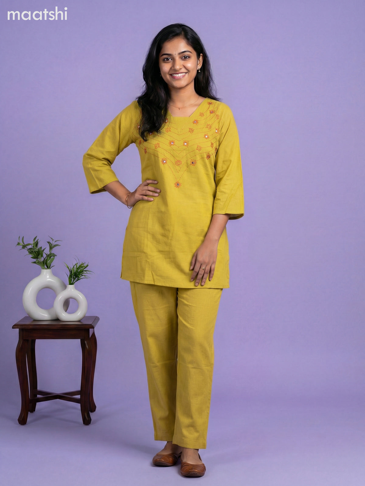 Lime Green Cotton Embroidery Work Short Kurti Set