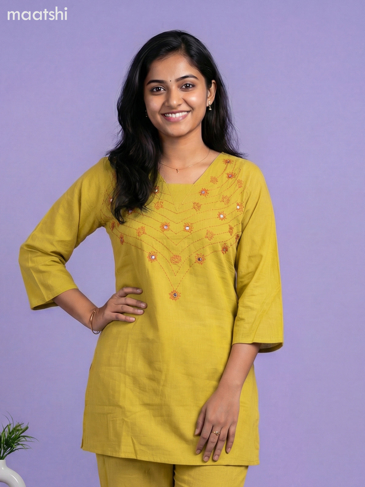 Lime Green Cotton Embroidery Work Short Kurti Set