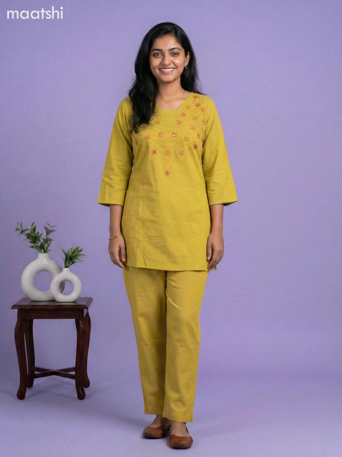 Lime Green Cotton Embroidery Work Short Kurti Set