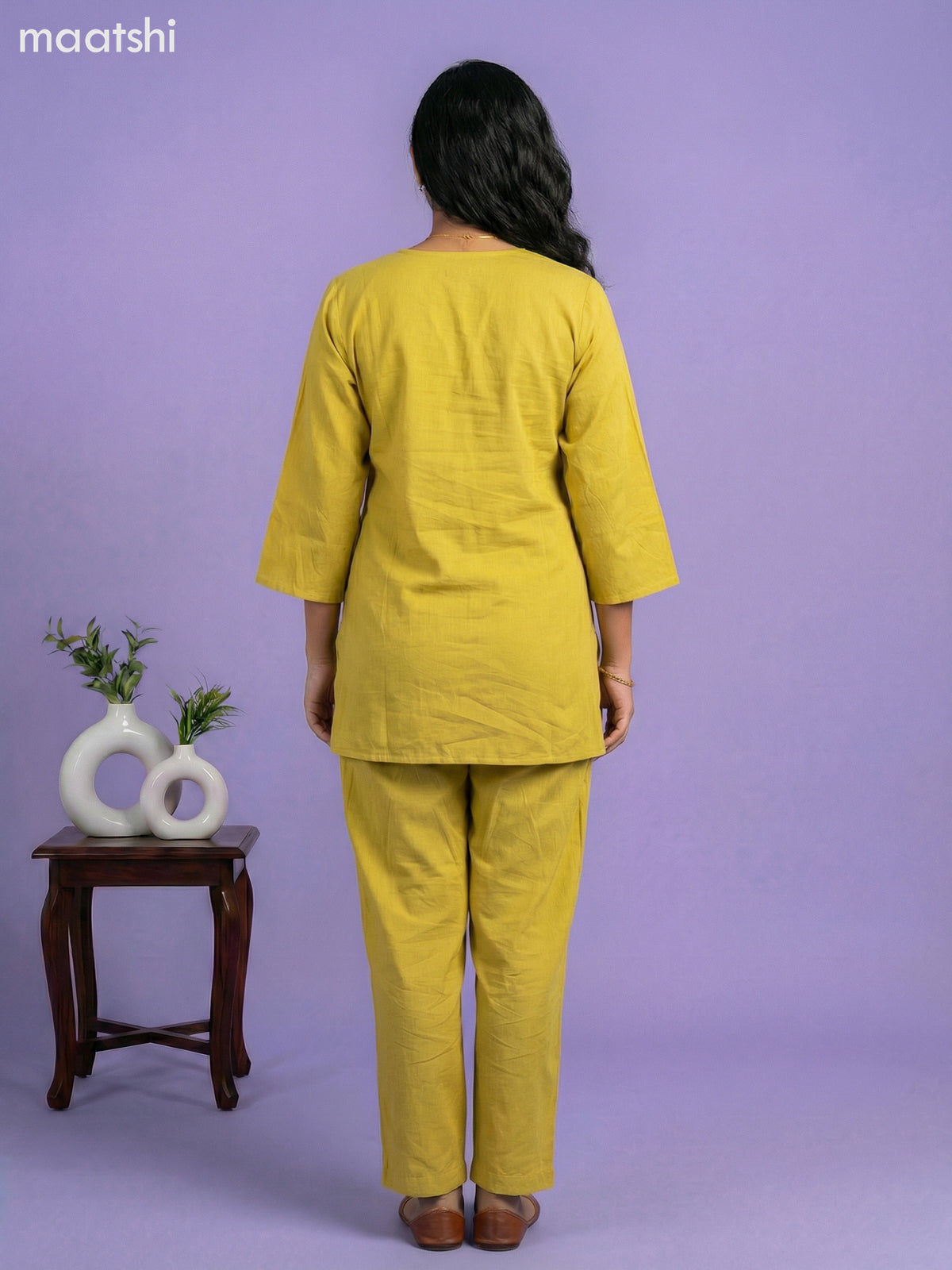 Lime Green Cotton Embroidery Work Short Kurti Set