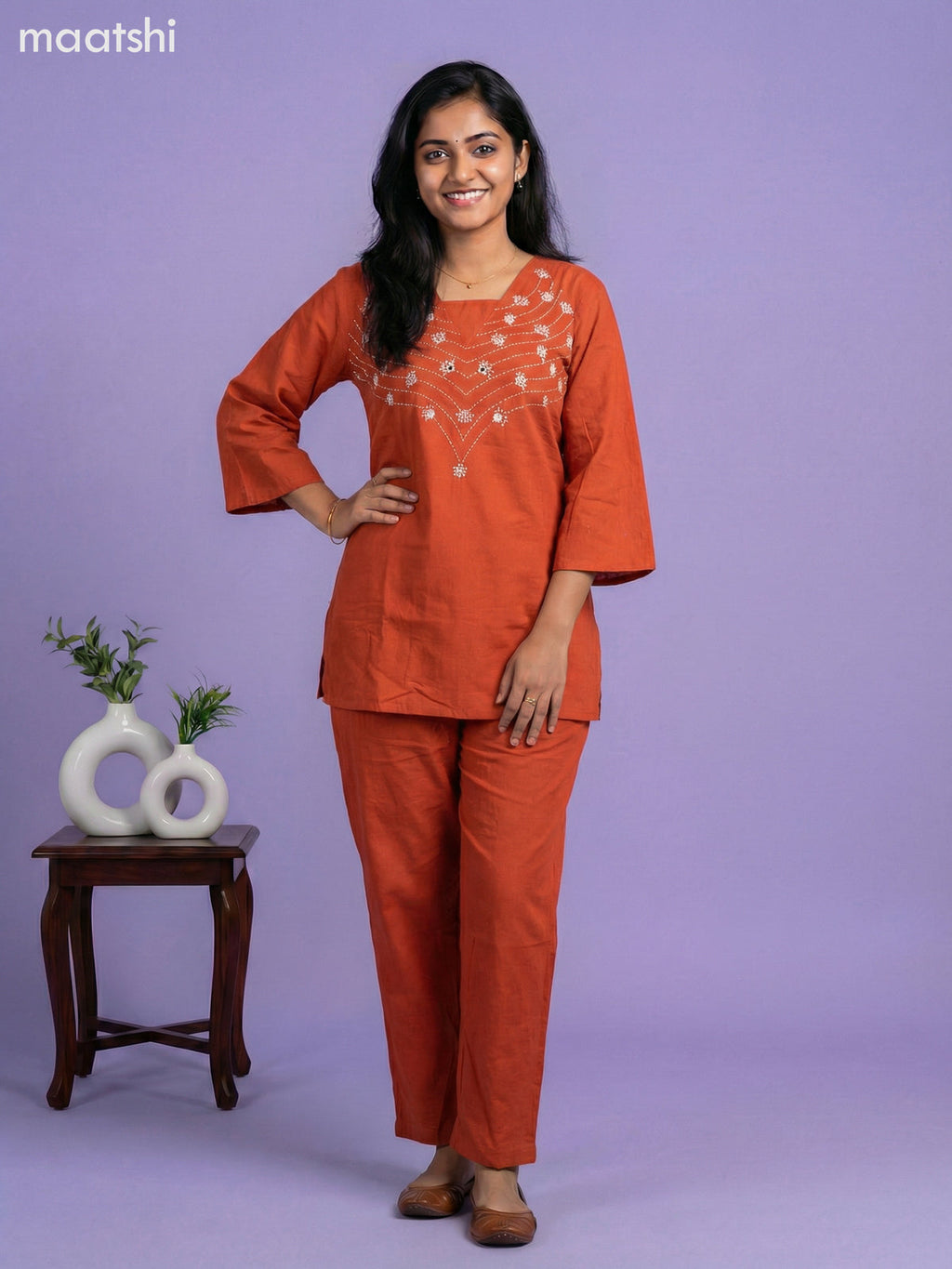Rust Shade Cotton Embroidery Work Short Kurti Set