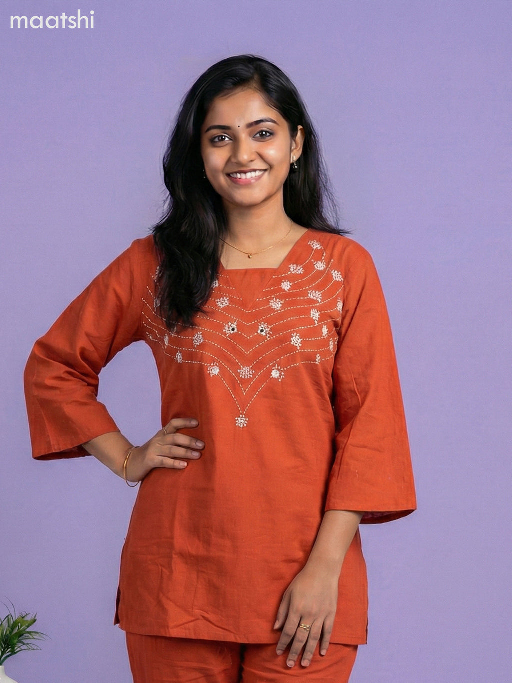 Rust Shade Cotton Embroidery Work Short Kurti Set