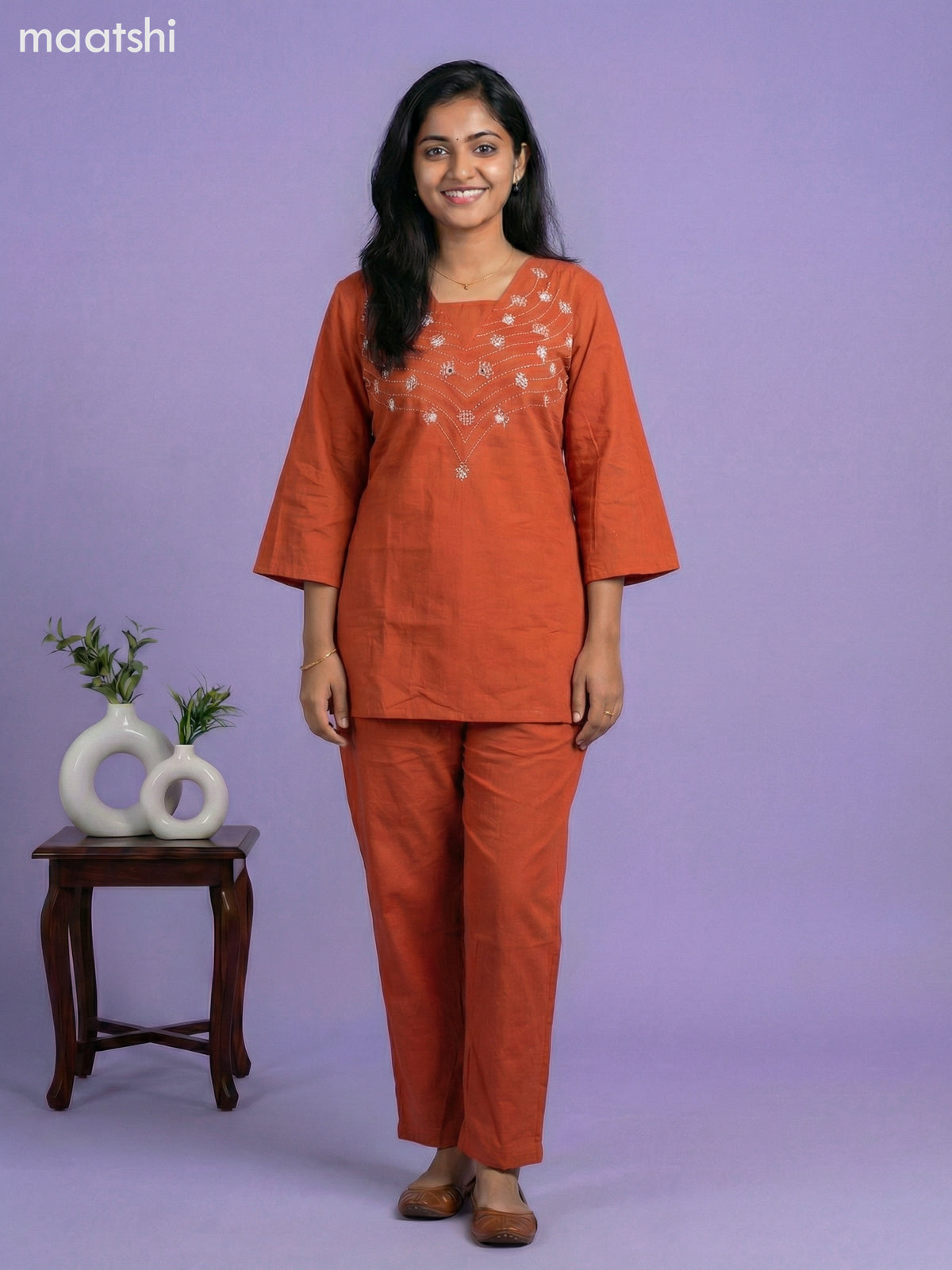 Rust Shade Cotton Embroidery Work Short Kurti Set