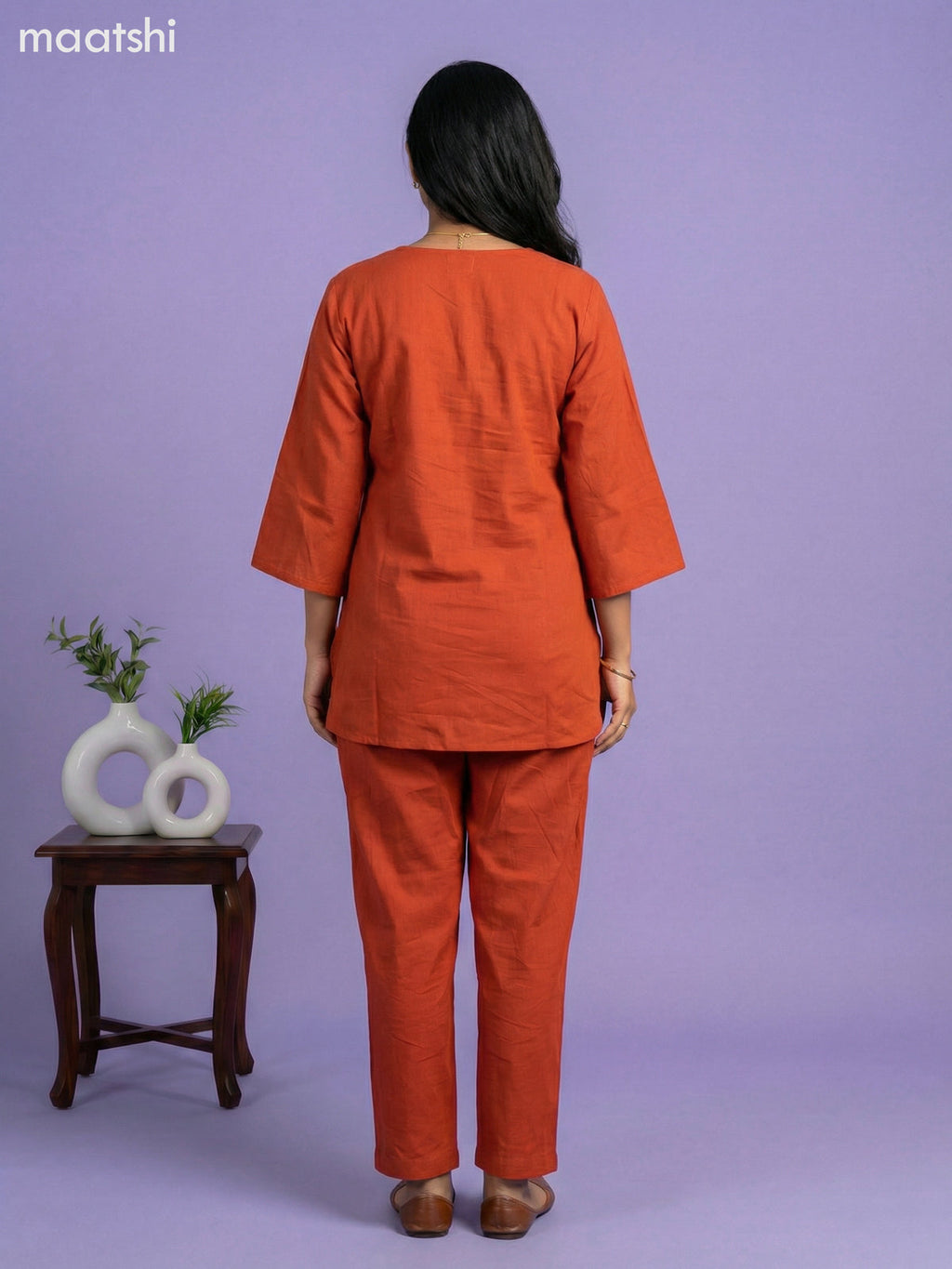 Rust Shade Cotton Embroidery Work Short Kurti Set