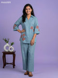 Pastel Blue Cotton Embroidery Work Short Co-Ord Set