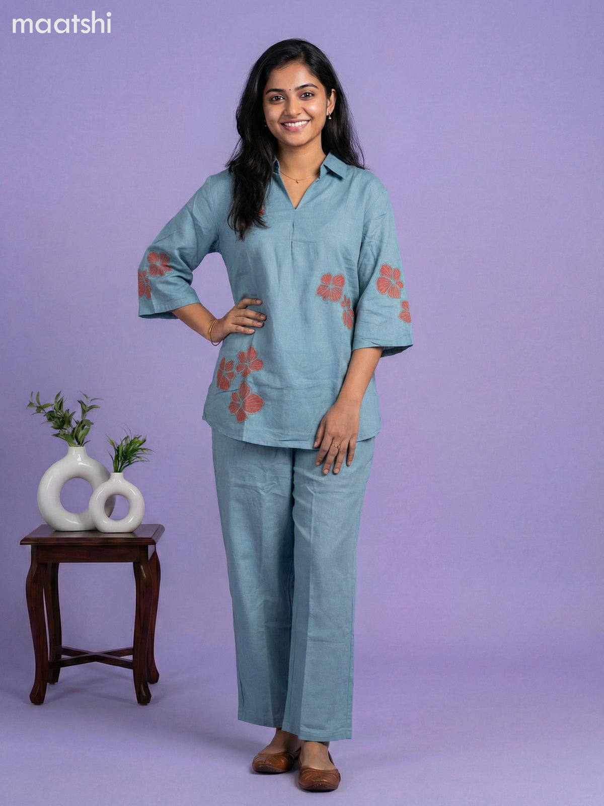 Pastel Blue Cotton Embroidery Work Short Co-Ord Set