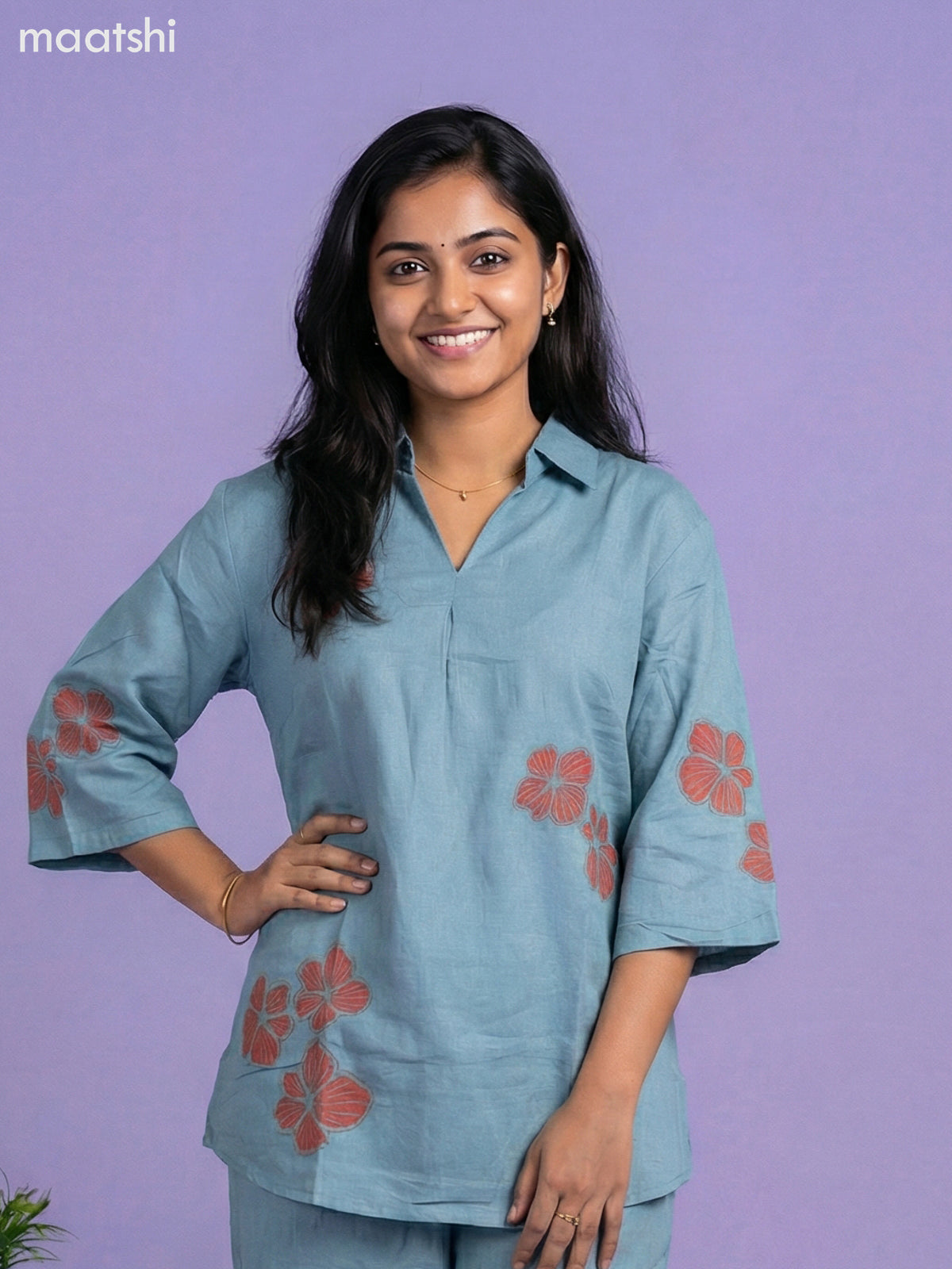 Pastel Blue Cotton Embroidery Work Short Co-Ord Set