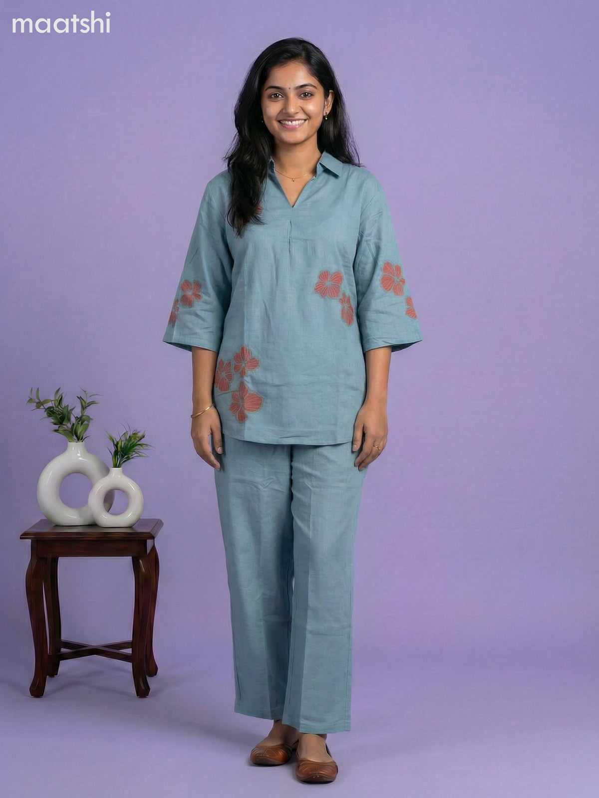 Pastel Blue Cotton Embroidery Work Short Co-Ord Set