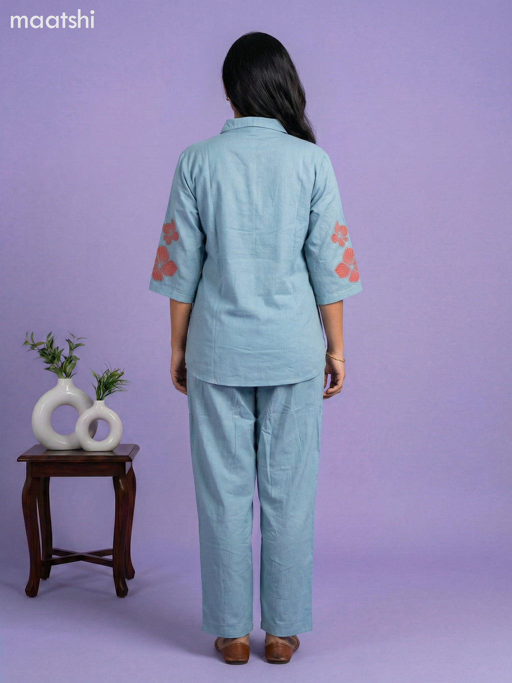 Pastel Blue Cotton Embroidery Work Short Co-Ord Set