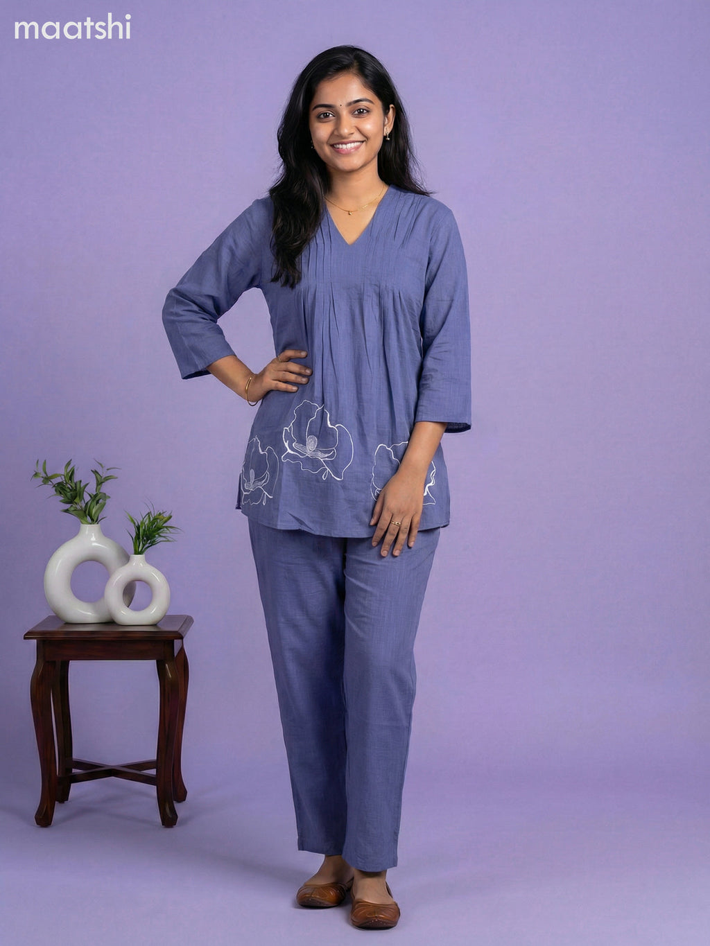 Blue Cotton Embroidery Work Short Co-Ord Set