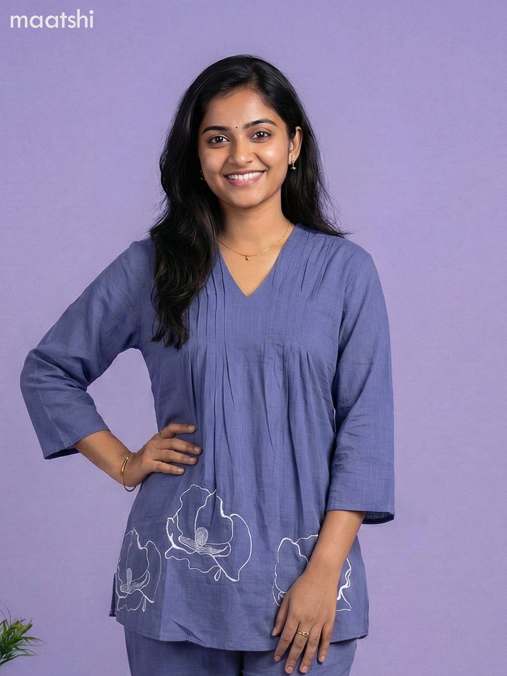 Blue Cotton Embroidery Work Short Co-Ord Set