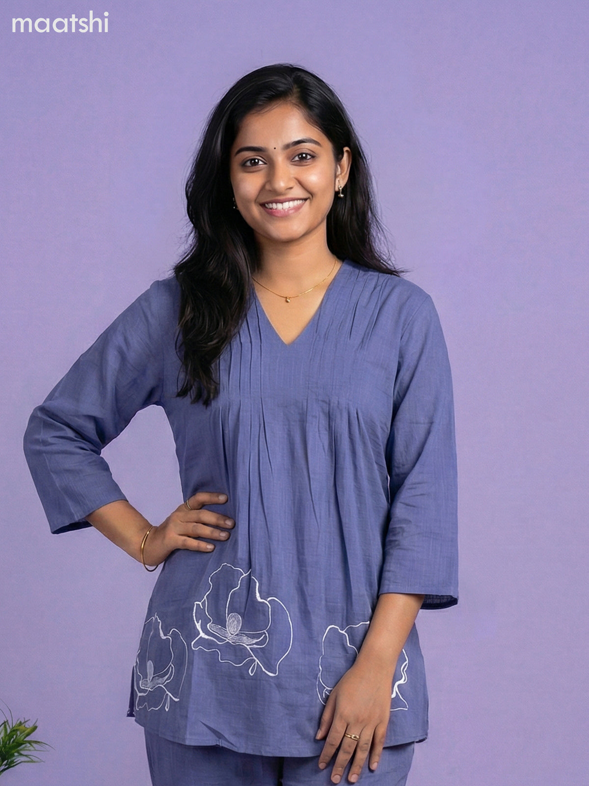 Blue Cotton Embroidery Work Short Co-Ord Set