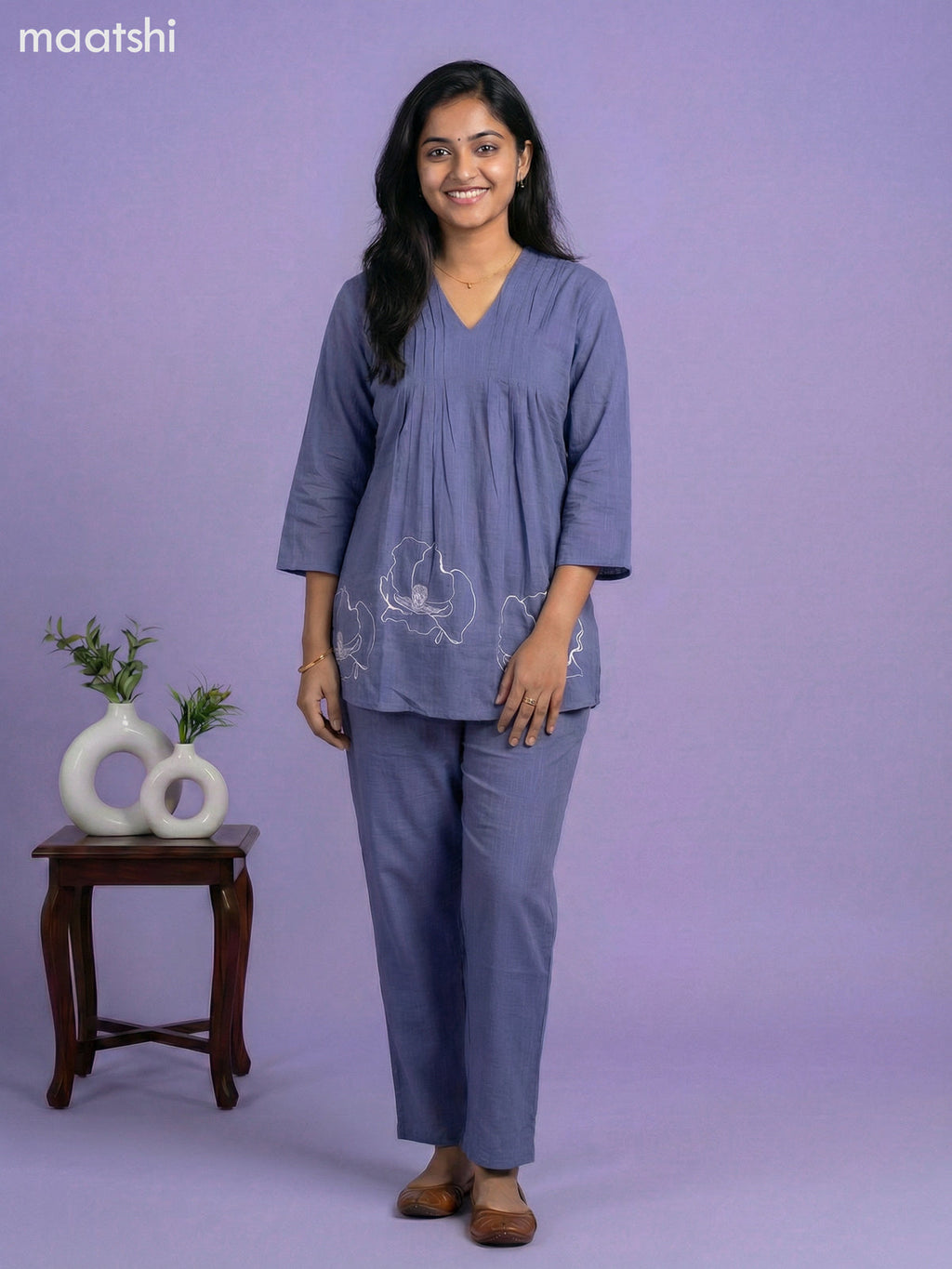 Blue Cotton Embroidery Work Short Co-Ord Set