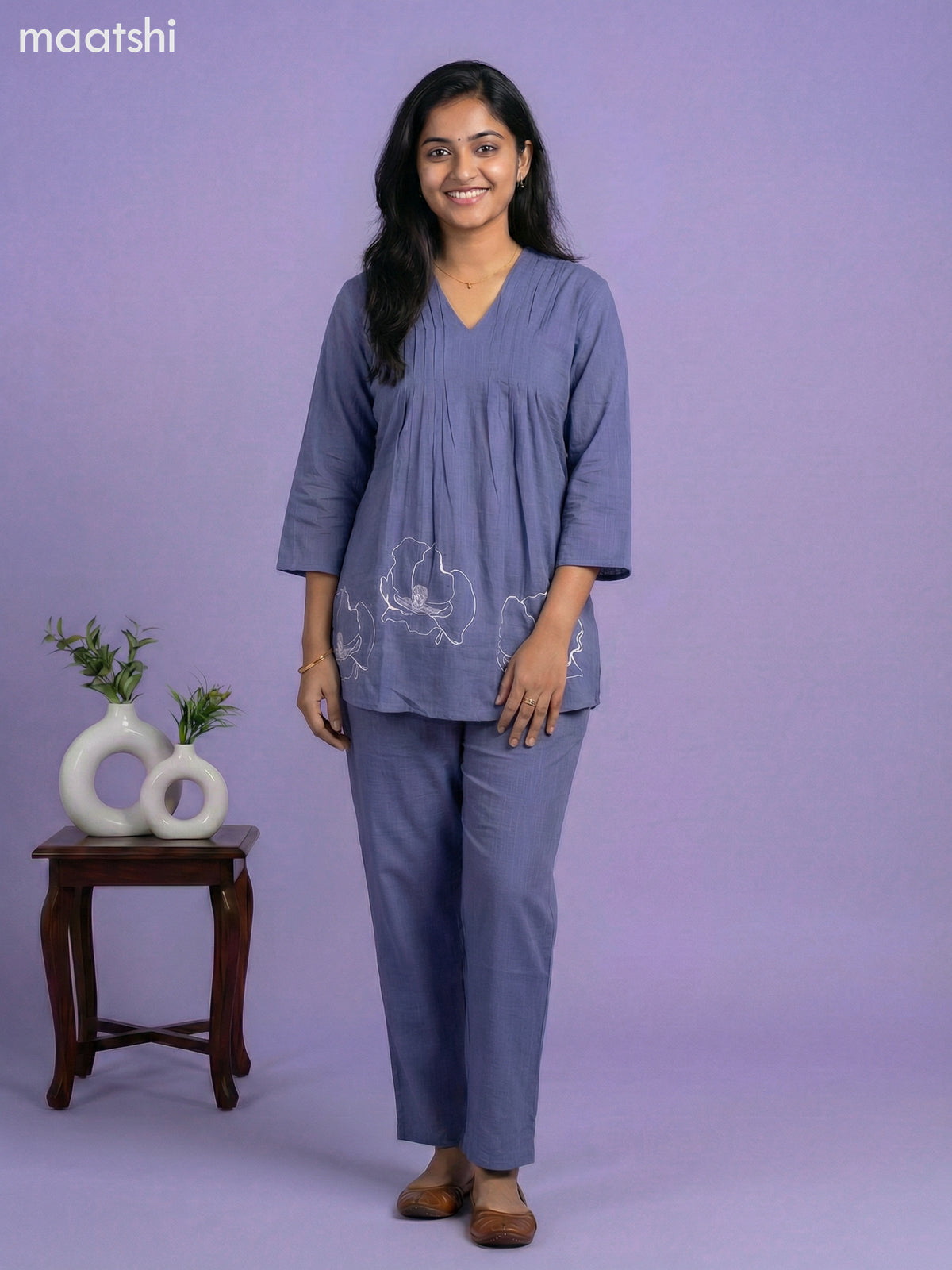 Blue Cotton Embroidery Work Short Co-Ord Set