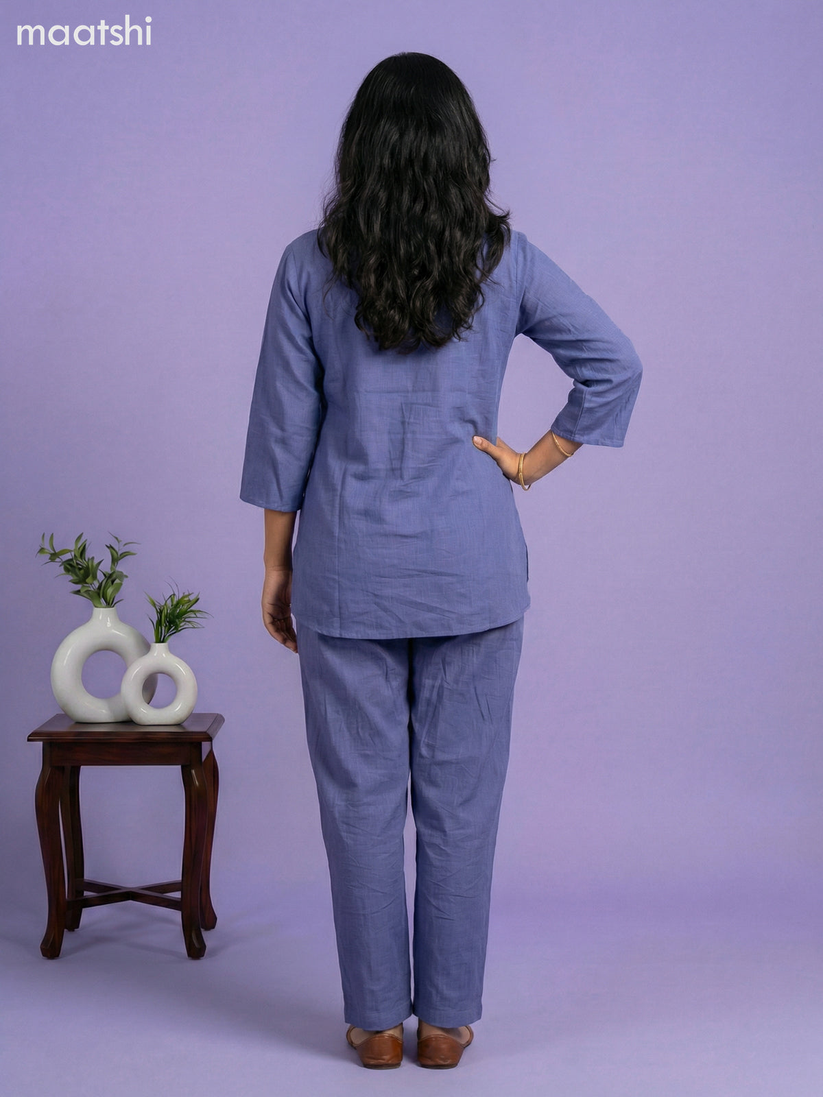 Blue Cotton Embroidery Work Short Co-Ord Set