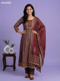 Brown Muslin Printed & Embroidery & Mirror Work Anarkali Suit