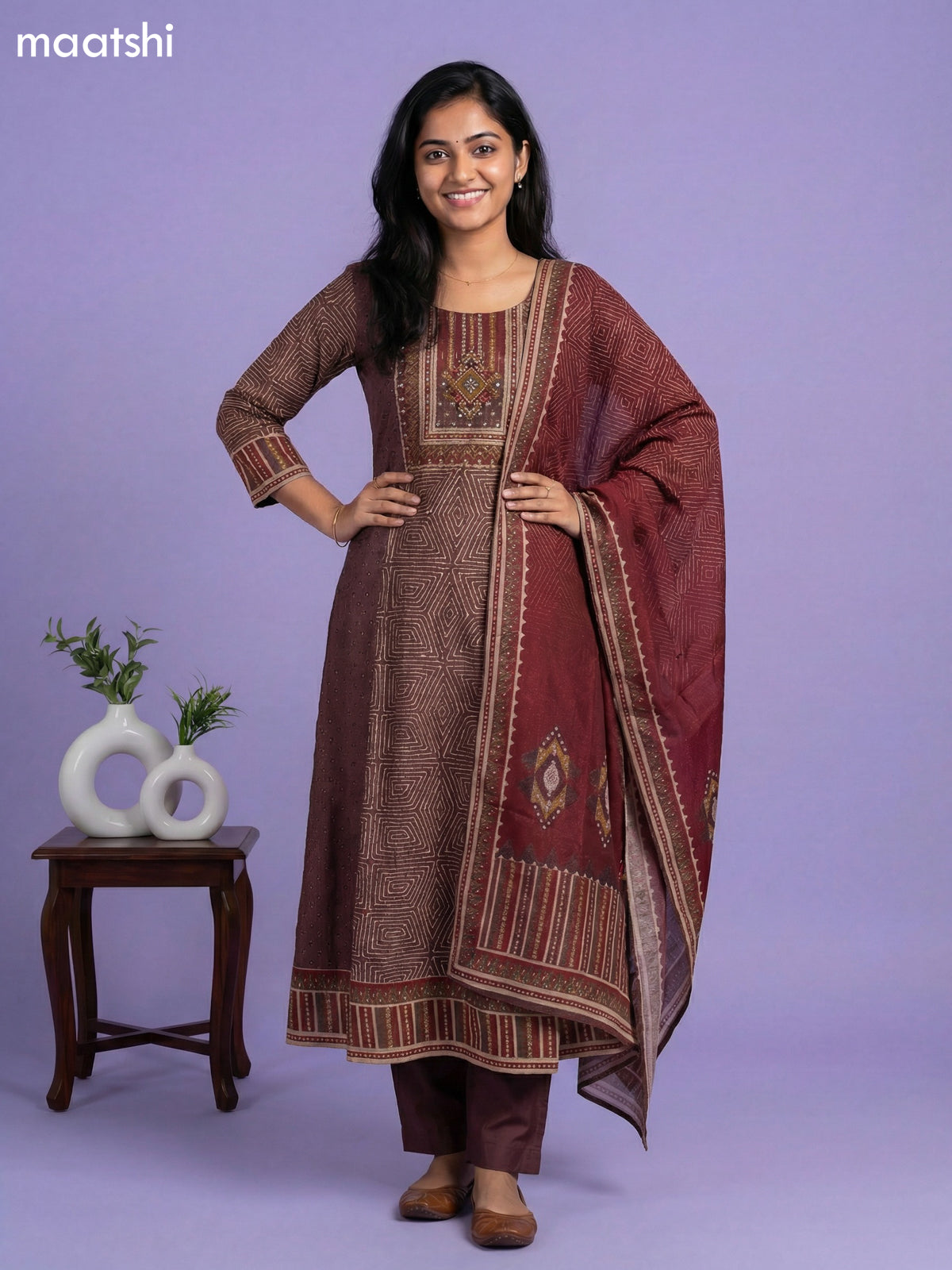 Brown Muslin Printed & Embroidery & Mirror Work Anarkali Suit