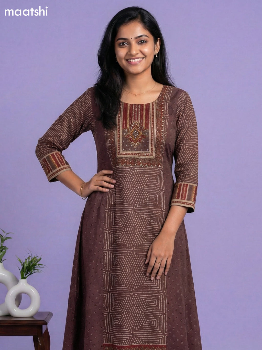 Brown Muslin Printed & Embroidery & Mirror Work Anarkali Suit