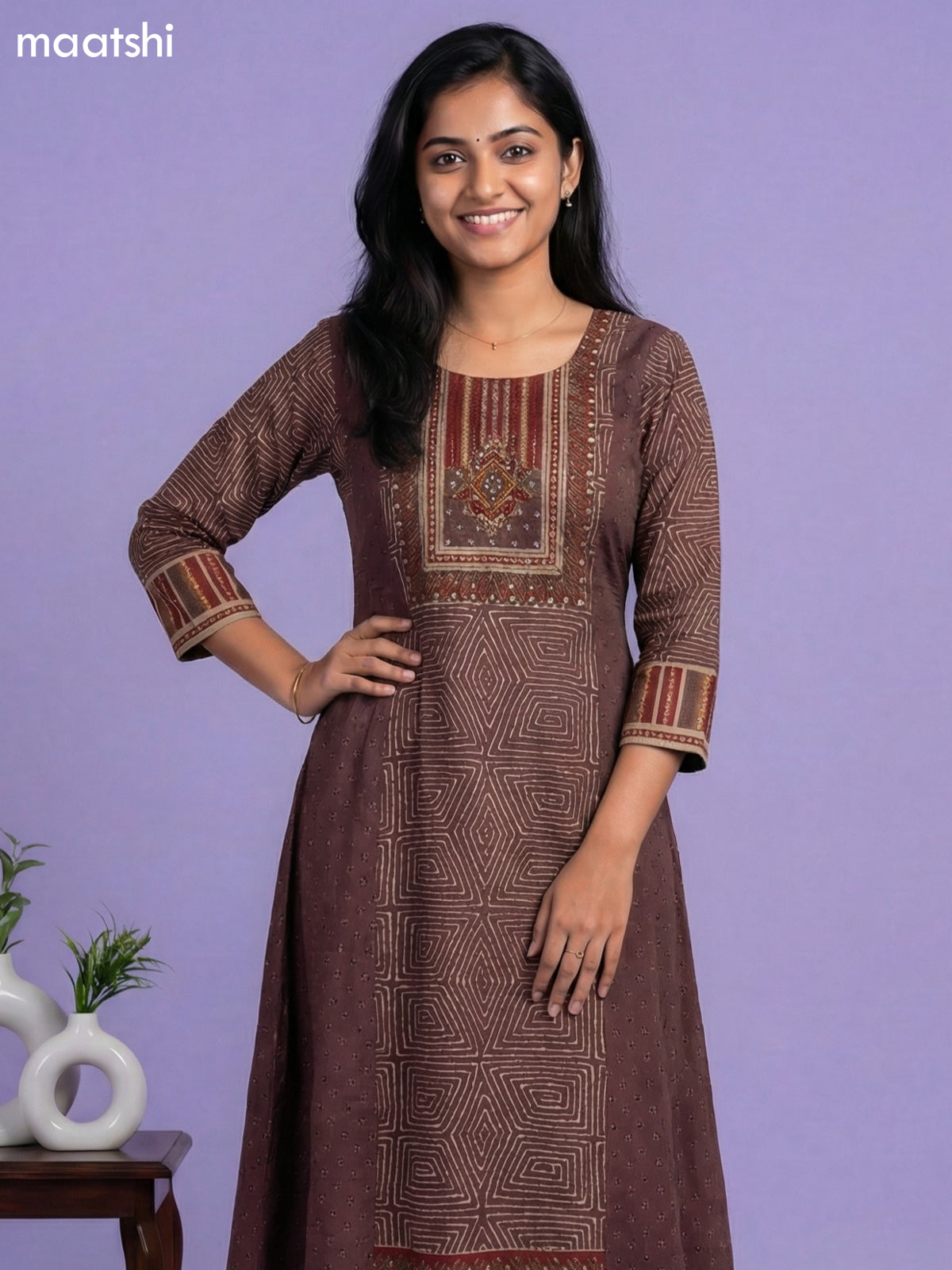 Brown Muslin Printed & Embroidery & Mirror Work Anarkali Suit