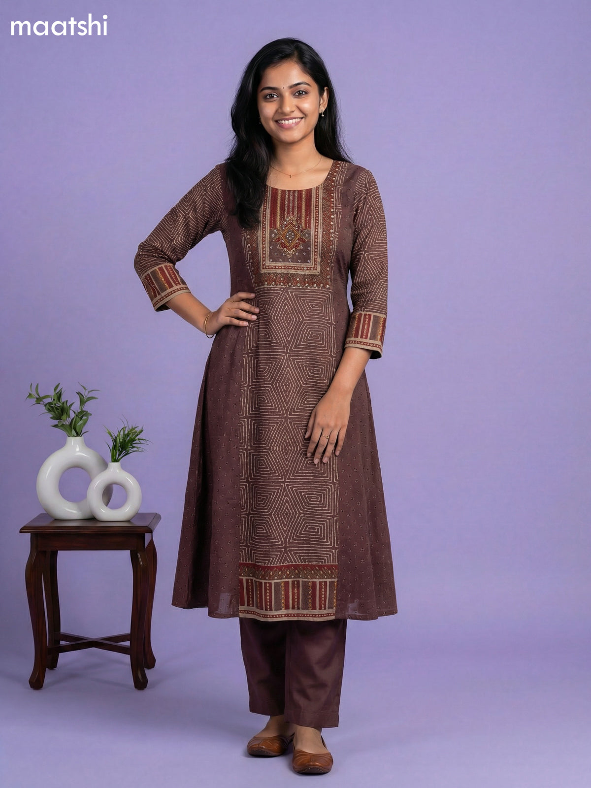 Brown Muslin Printed & Embroidery & Mirror Work Anarkali Suit