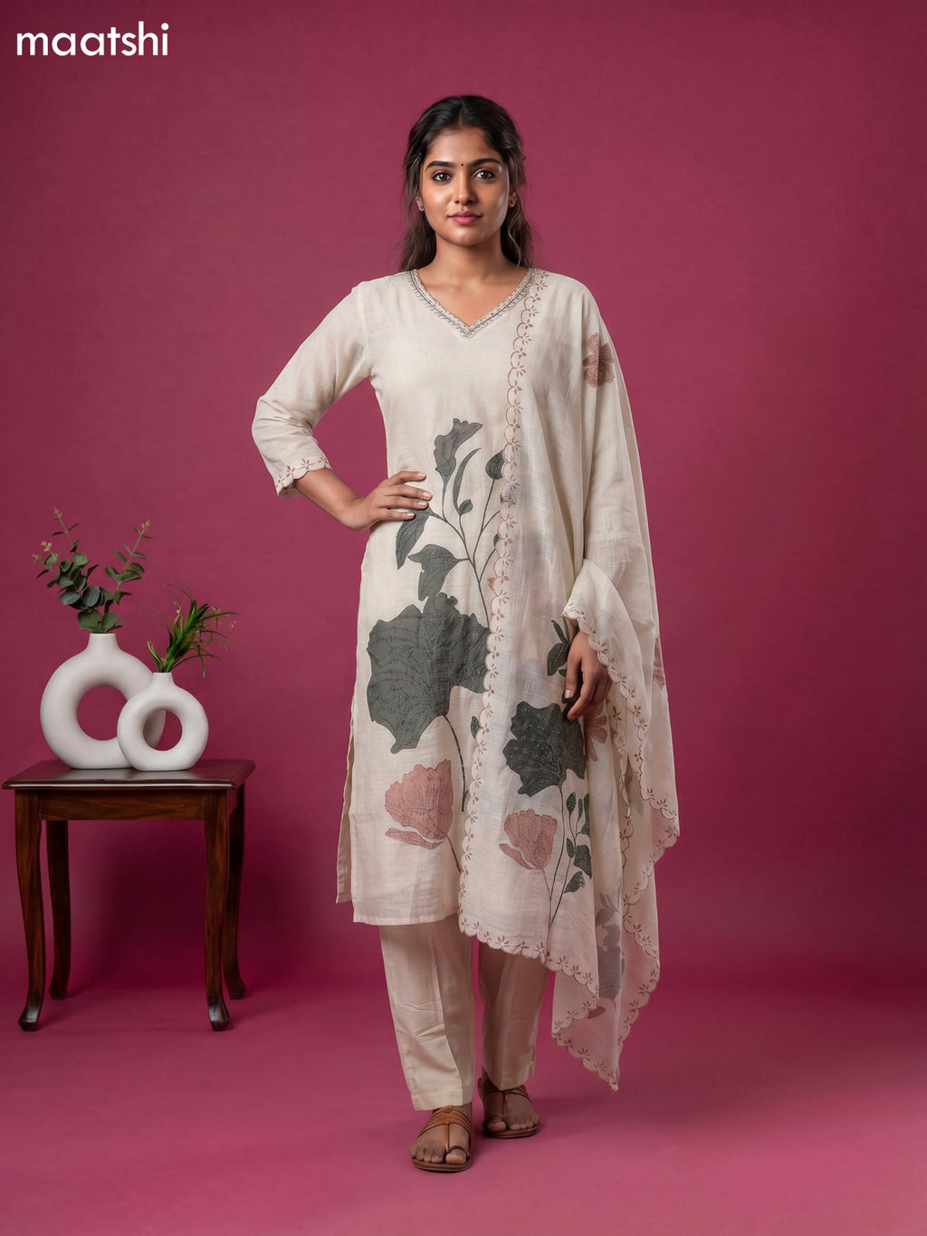 Beige Linen Cotton Floral Embroidery Work Straight Suit