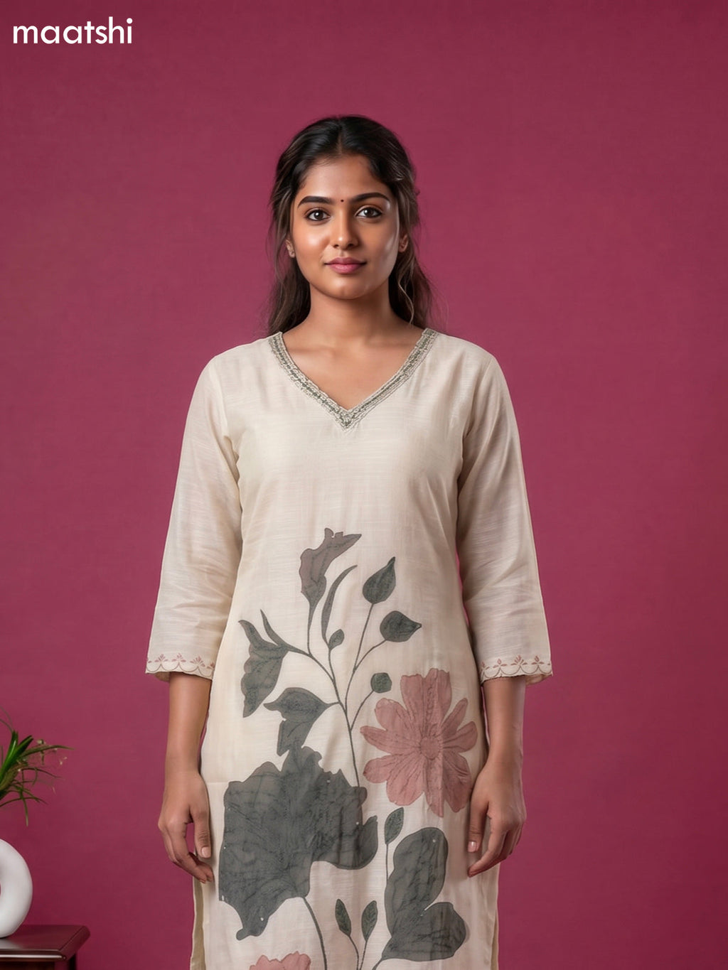 Beige Linen Cotton Floral Embroidery Work Straight Suit