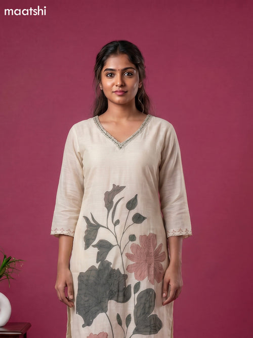 Beige Linen Cotton Floral Embroidery Work Straight Suit
