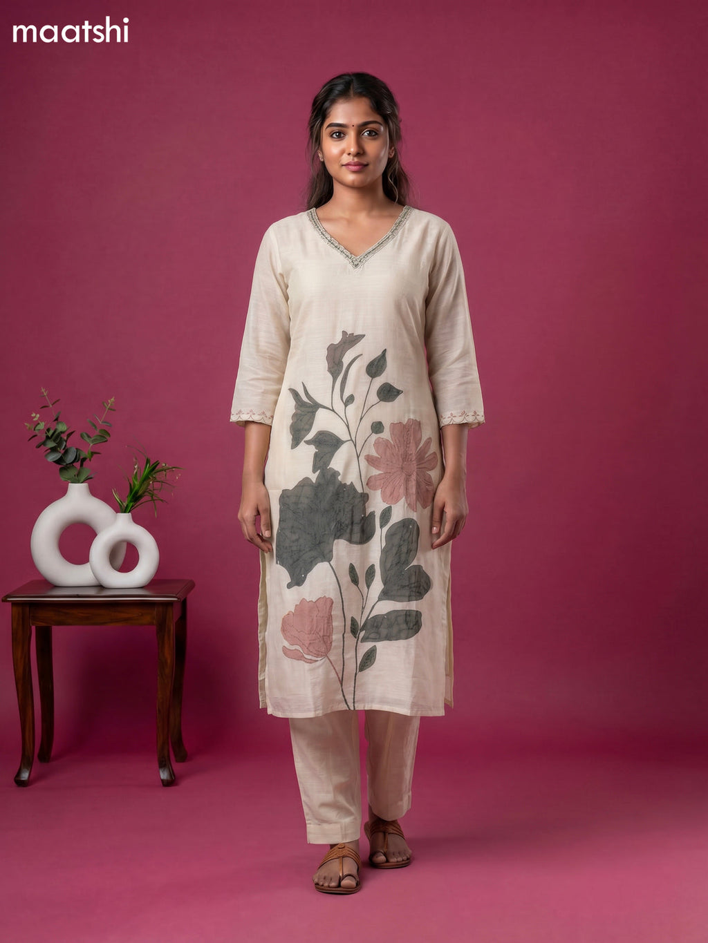 Beige Linen Cotton Floral Embroidery Work Straight Suit