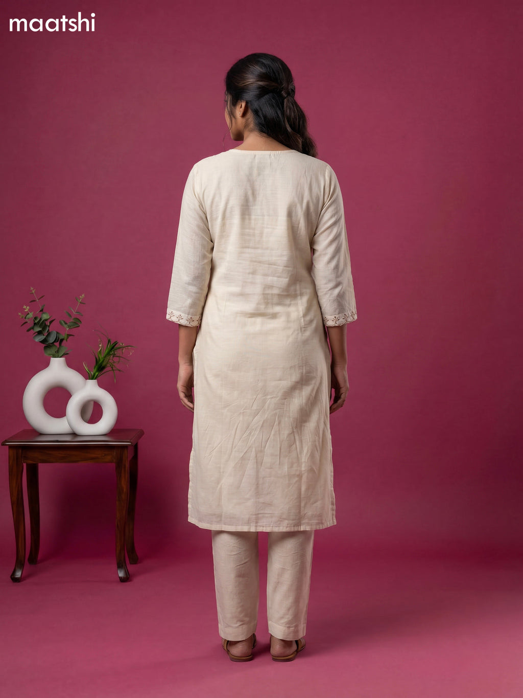 Beige Linen Cotton Floral Embroidery Work Straight Suit