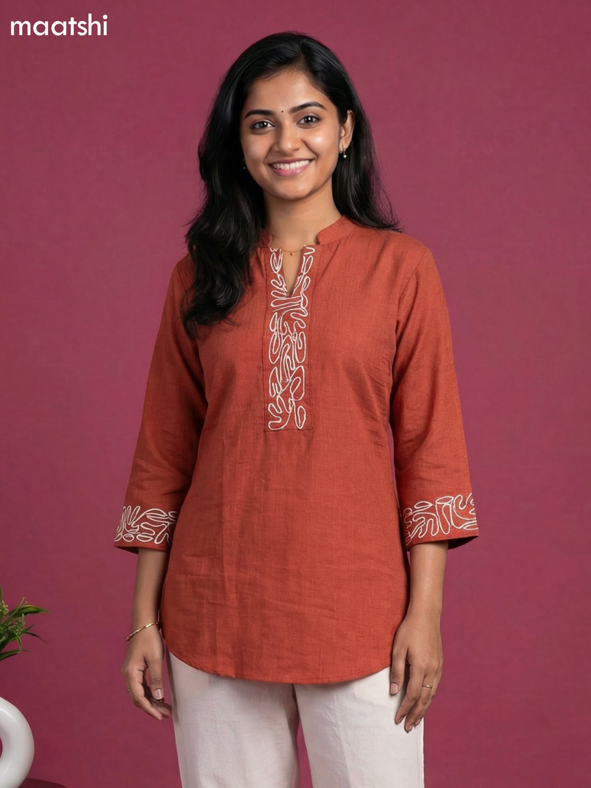 Rust Shade and Off White Rayon Simple Embroidery Work Neck Pattern Short Kurti Set