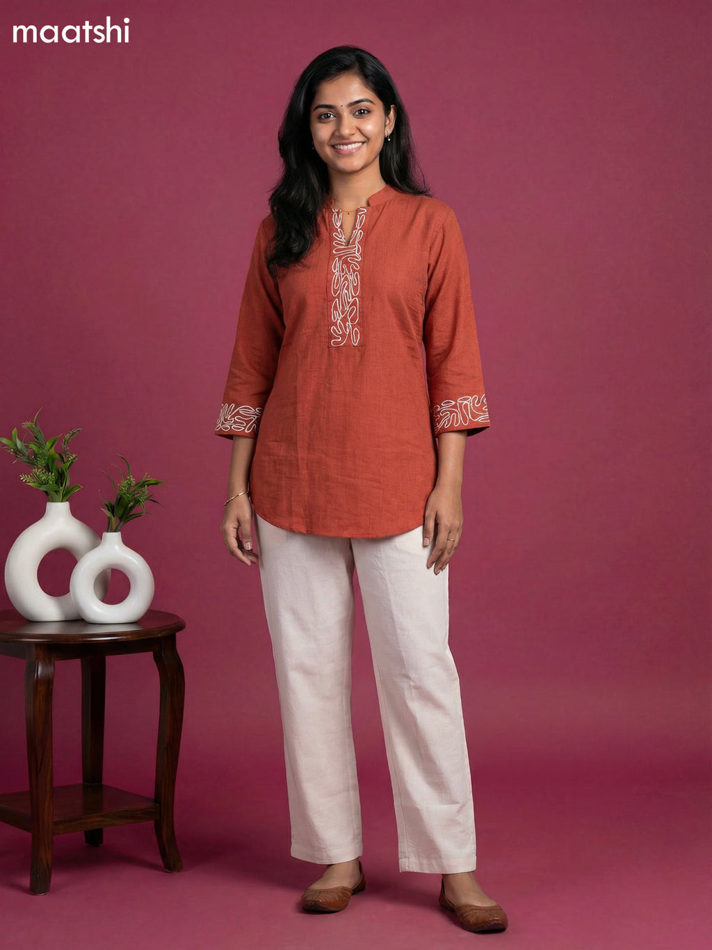 Rust Shade and Off White Rayon Simple Embroidery Work Neck Pattern Short Kurti Set