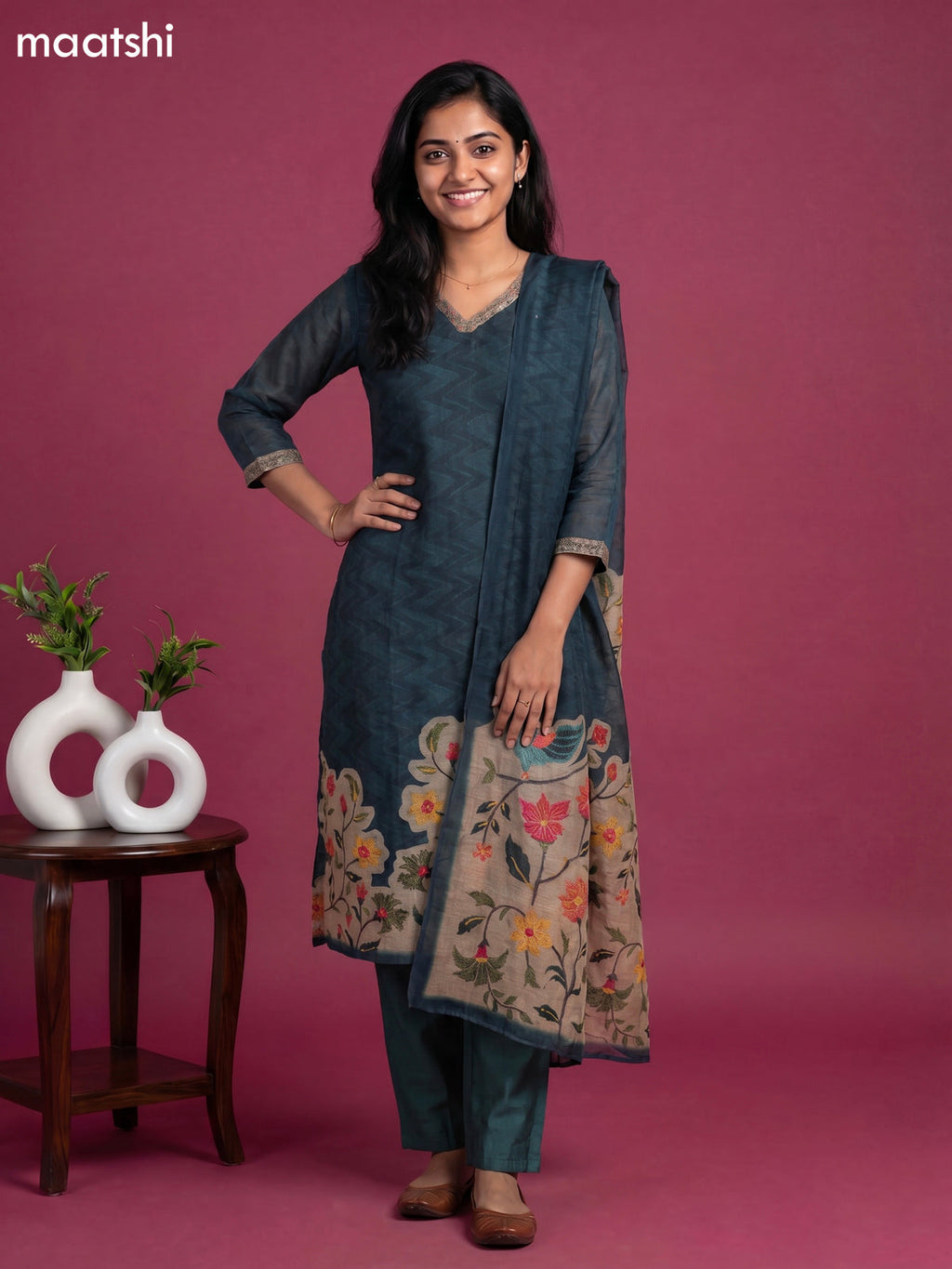 Bottle Green and Beige Linen Cotton Floral Embroidery Work Straight Suit