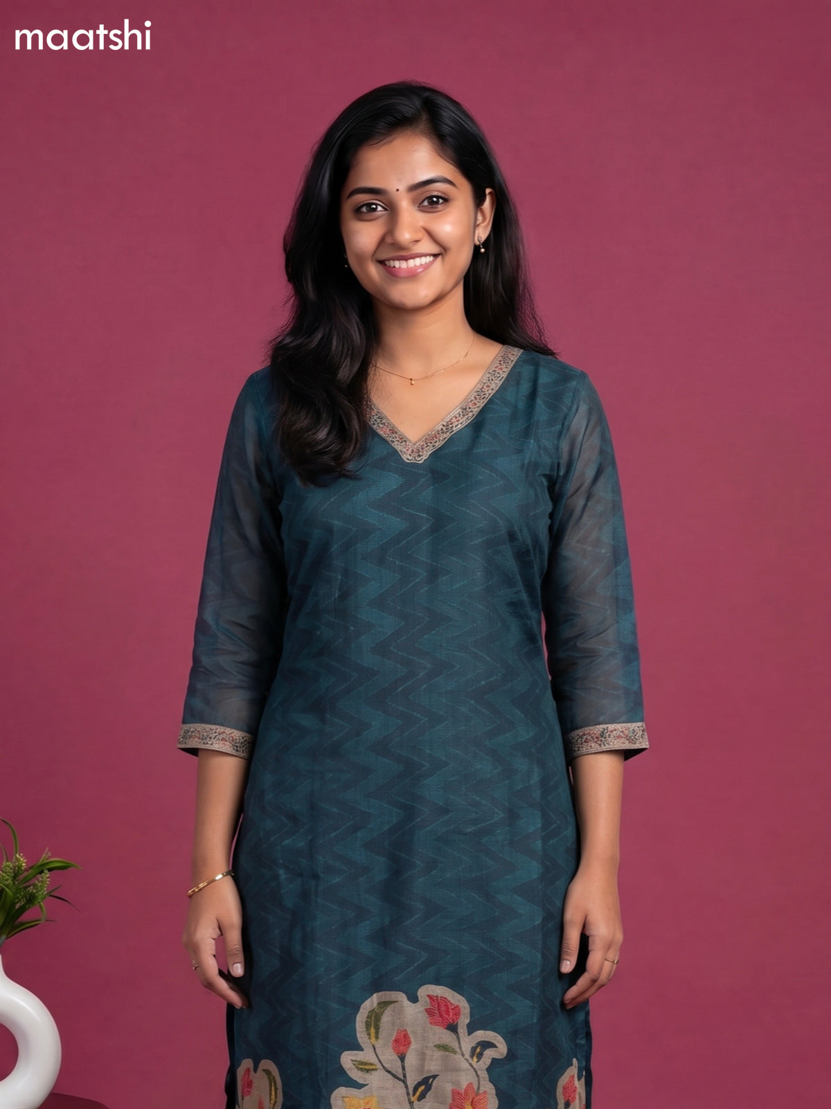 Bottle Green and Beige Linen Cotton Floral Embroidery Work Straight Suit