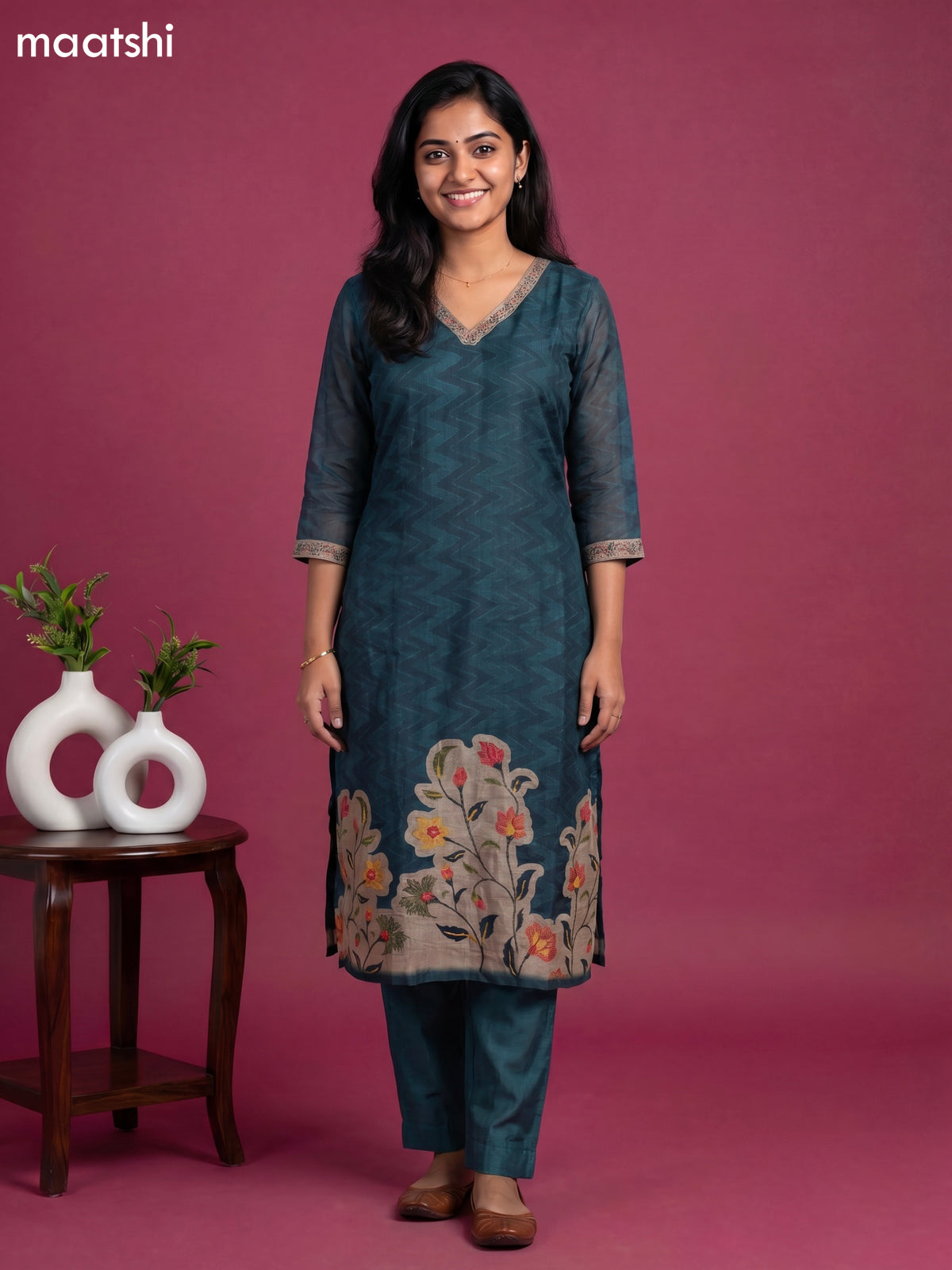 Bottle Green and Beige Linen Cotton Floral Embroidery Work Straight Suit