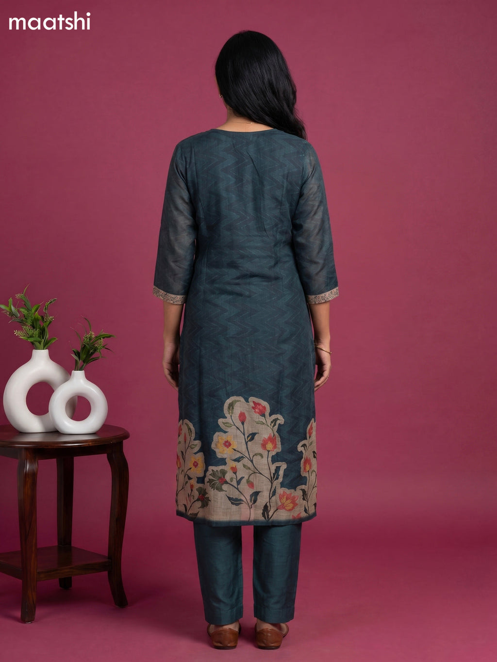 Bottle Green and Beige Linen Cotton Floral Embroidery Work Straight Suit