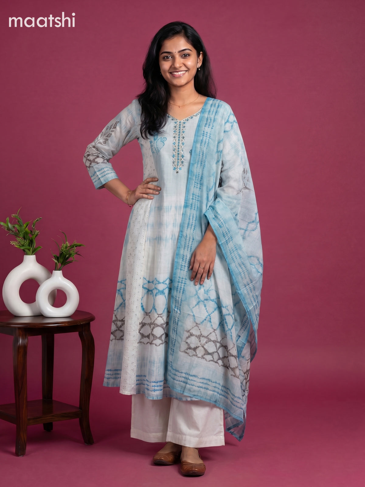 Light Blue and Beige Semi Tussar Printed & Embroidery Work Anarakali Suit