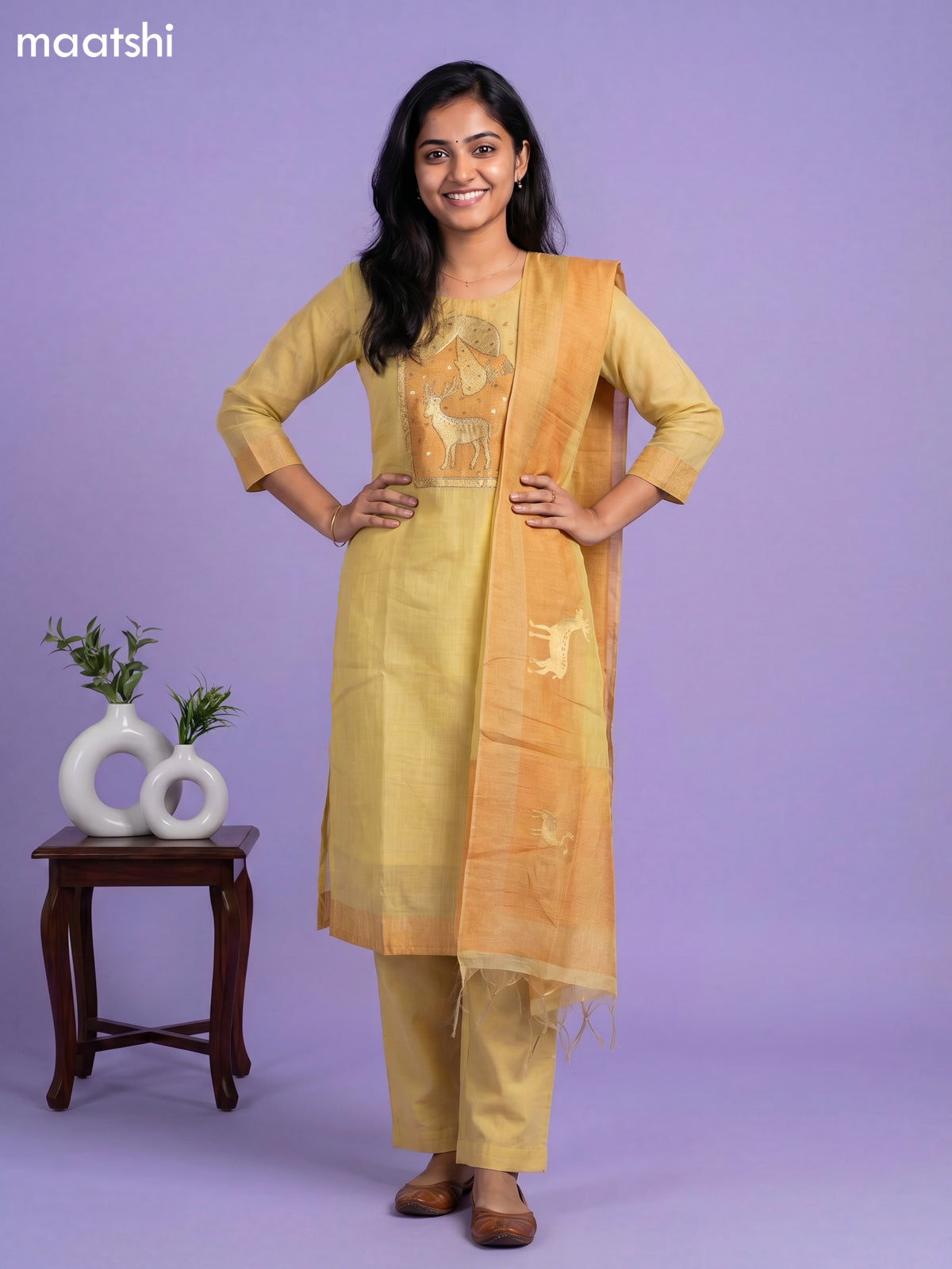 Yellow and Pale Orange Chanderi Simple Embroidery Work Straight Suit