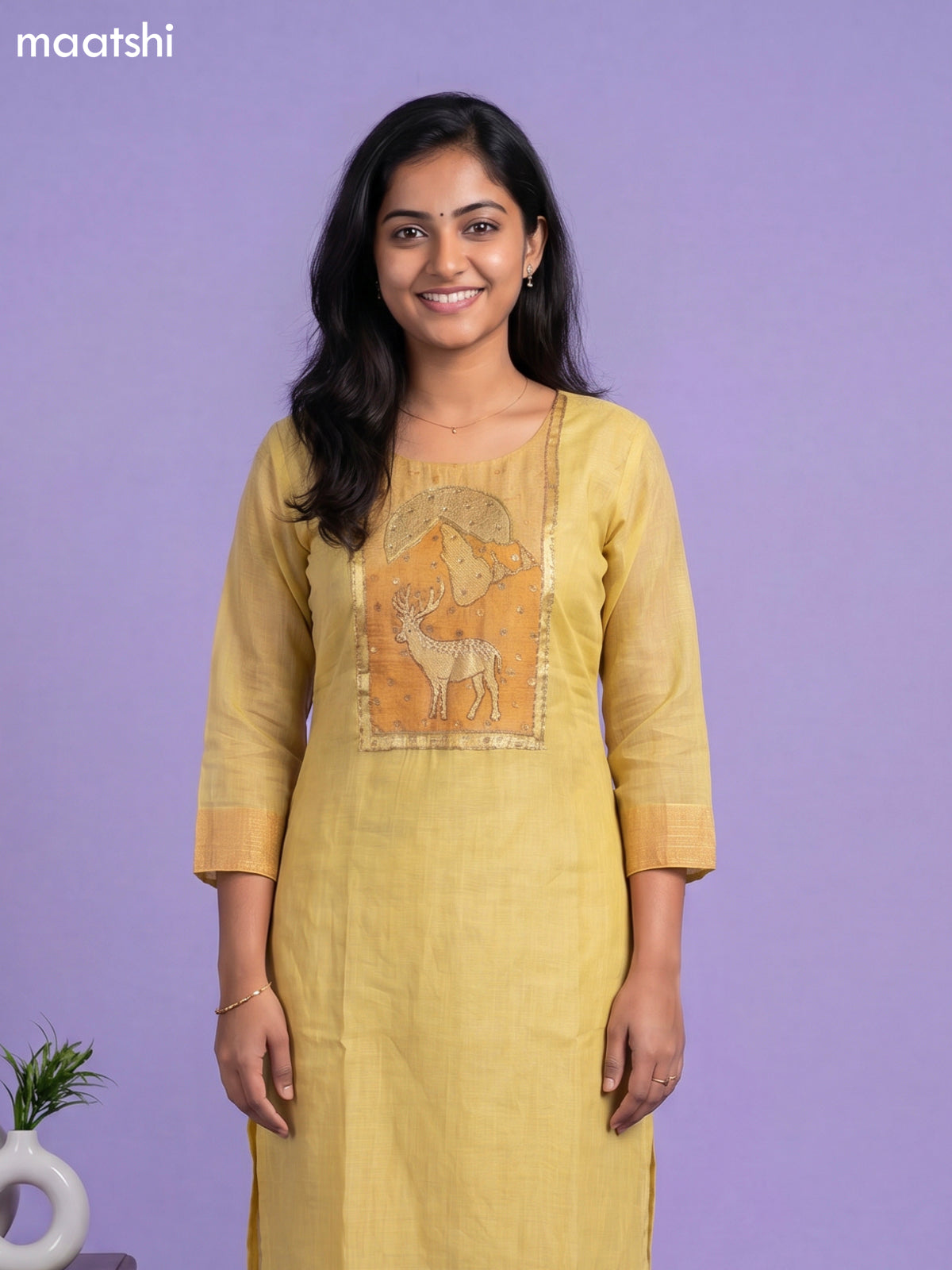 Yellow and Pale Orange Chanderi Simple Embroidery Work Straight Suit