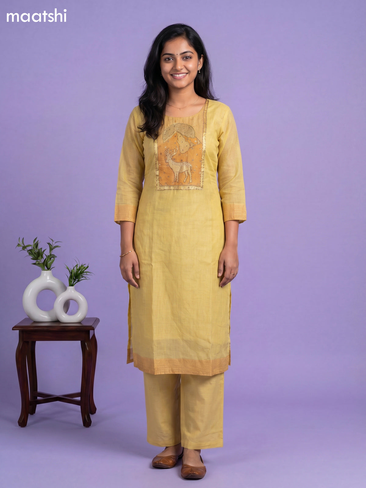 Yellow and Pale Orange Chanderi Simple Embroidery Work Straight Suit
