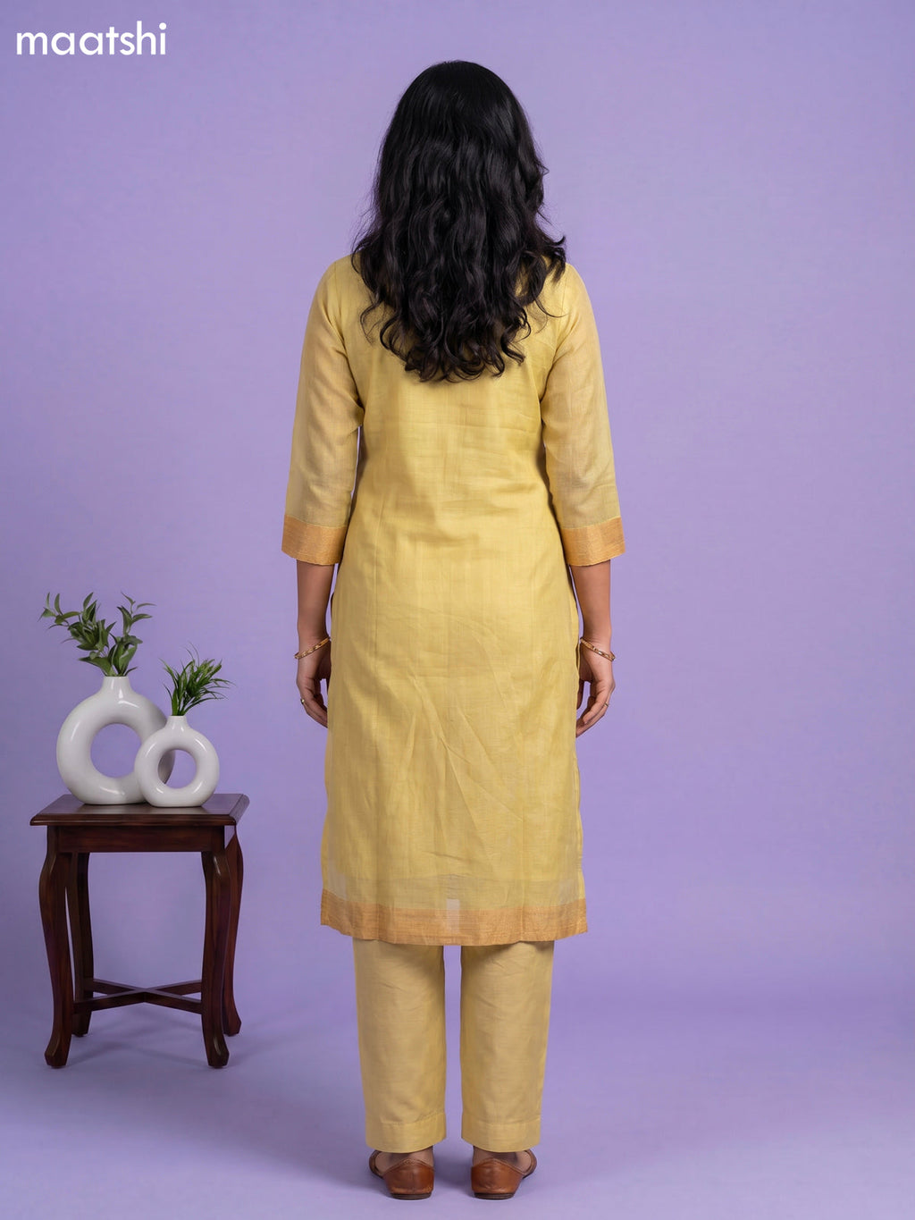 Yellow and Pale Orange Chanderi Simple Embroidery Work Straight Suit