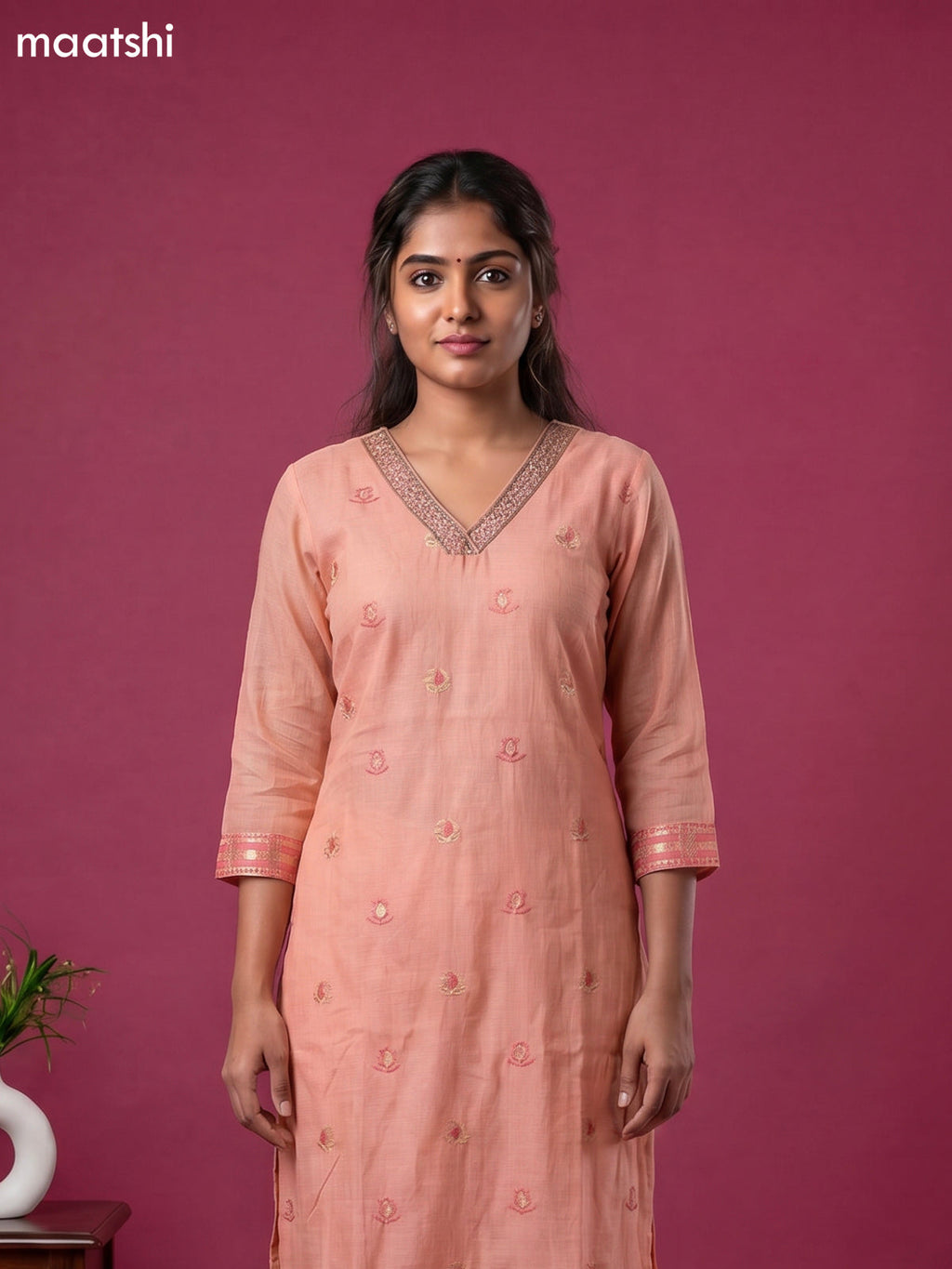 Peach Orange Chanderi Zari Buttas & Embroidery Straight Suit
