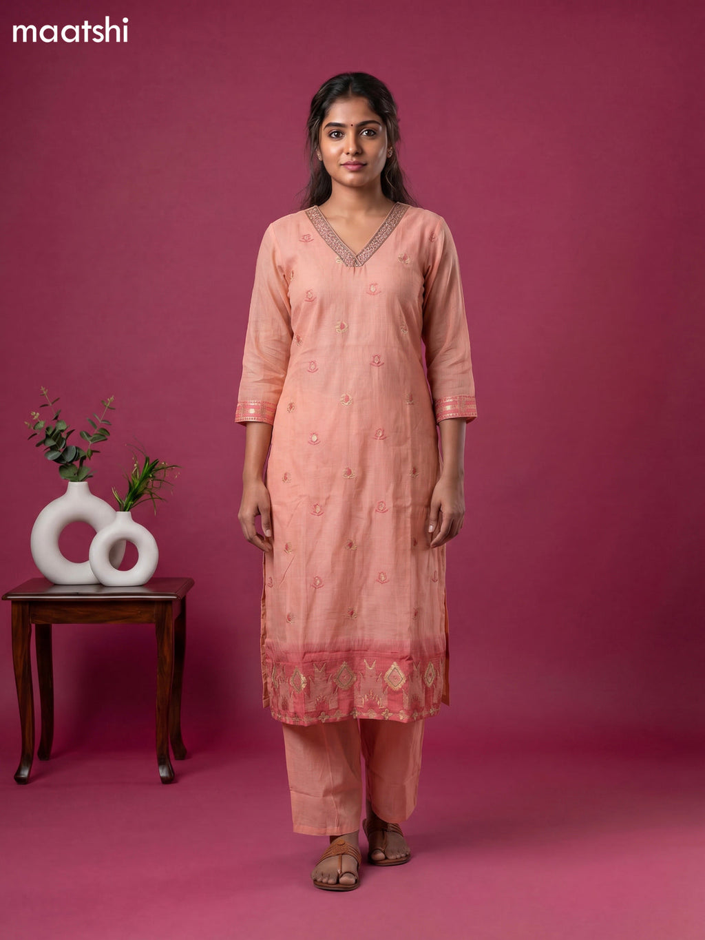 Peach Orange Chanderi Zari Buttas & Embroidery Straight Suit