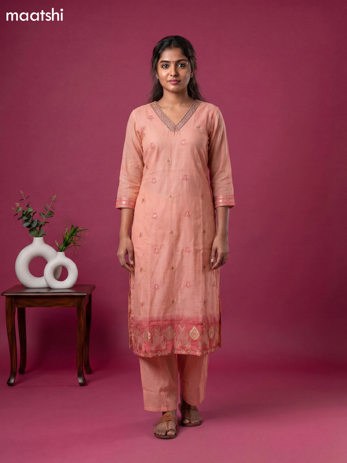 Peach Orange Chanderi Zari Buttas & Embroidery Straight Suit