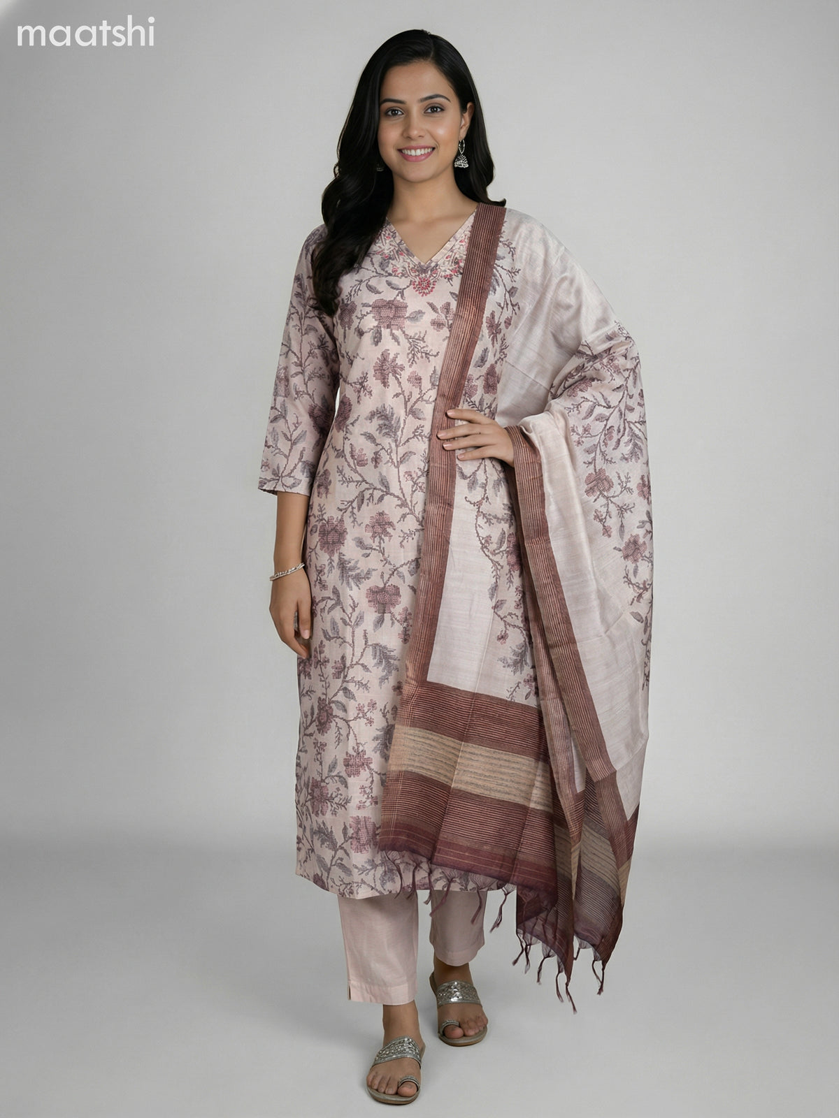 Cream and Brown Chanderi Ikat Weaves & Embroidery Work Straight Suit