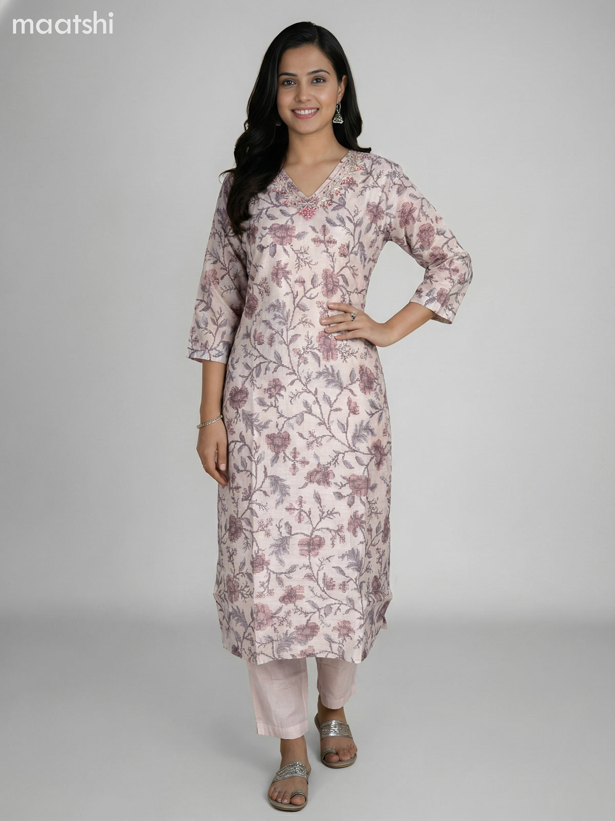 Cream and Brown Chanderi Ikat Weaves & Embroidery Work Straight Suit