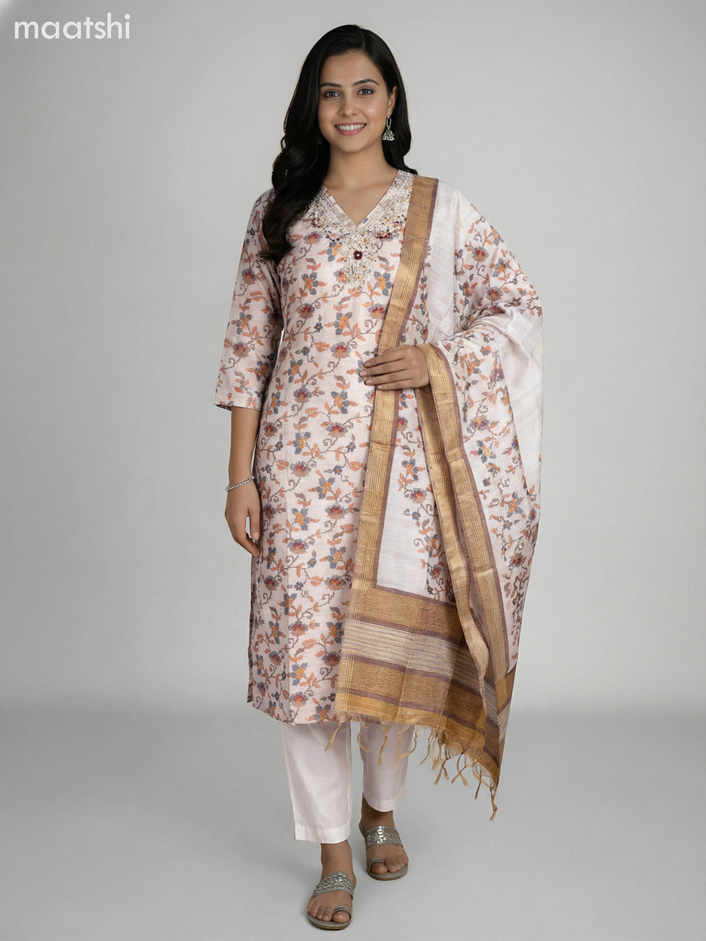 Cream Chanderi Ikat Weaves & Embroidery Work Straight Suit