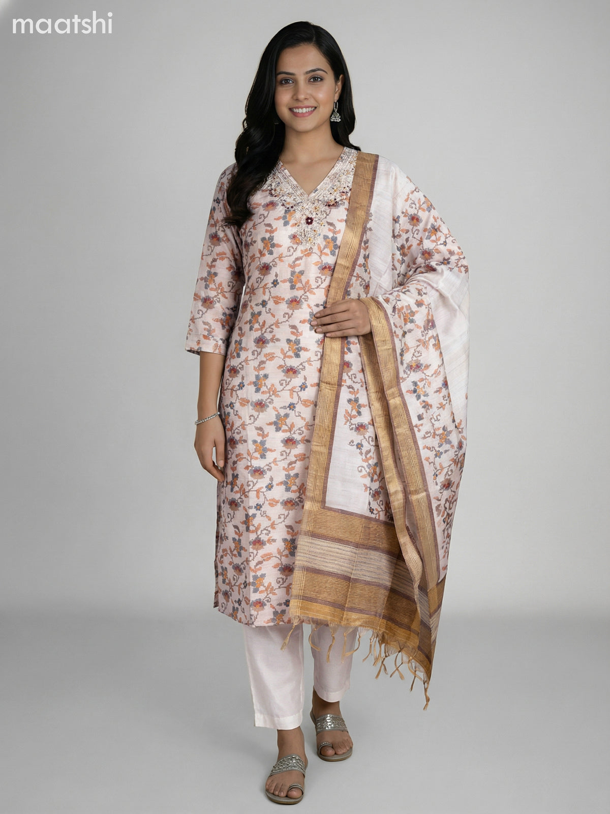 Cream Chanderi Ikat Weaves & Embroidery Work Straight Suit