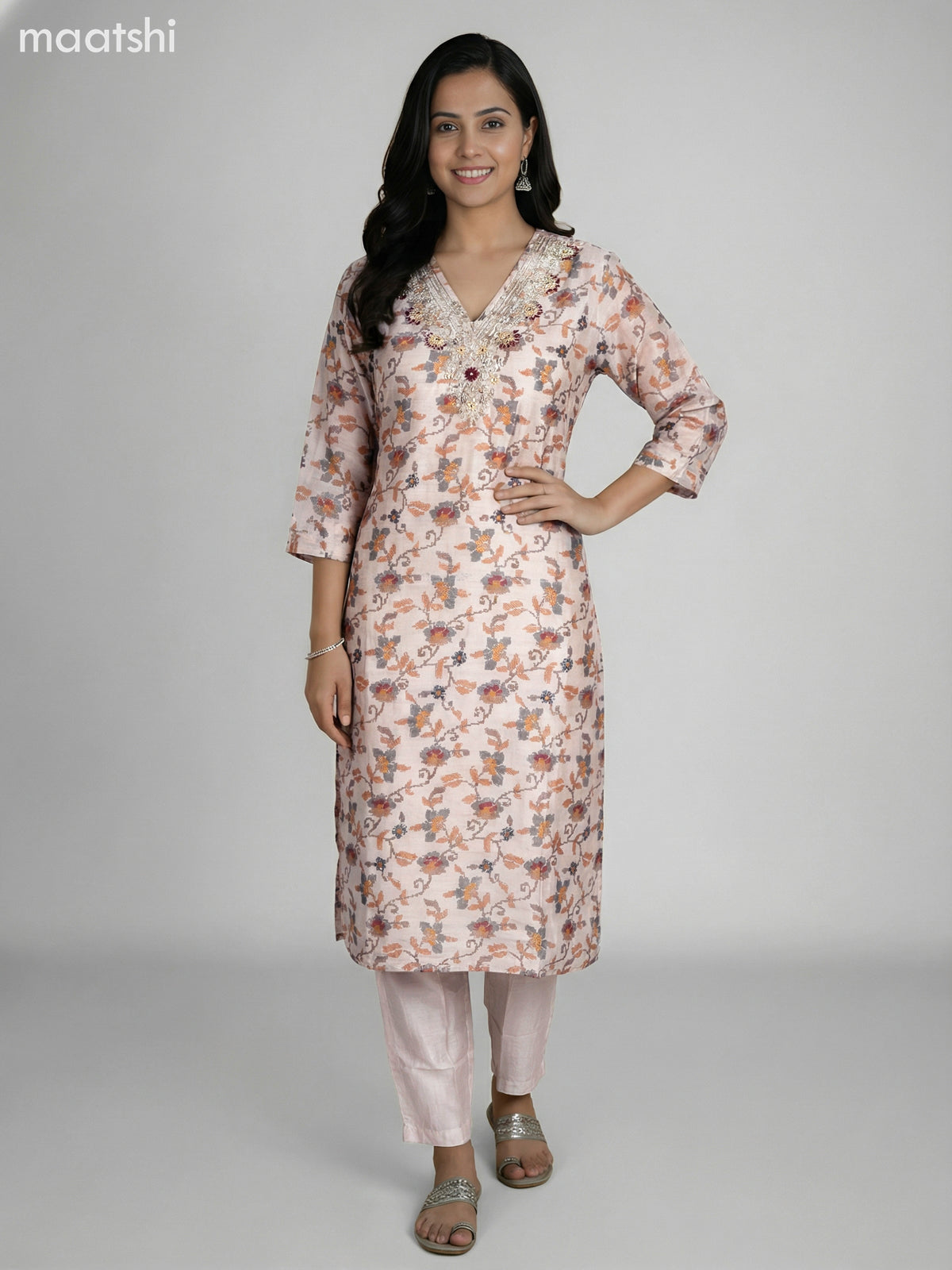 Cream Chanderi Ikat Weaves & Embroidery Work Straight Suit