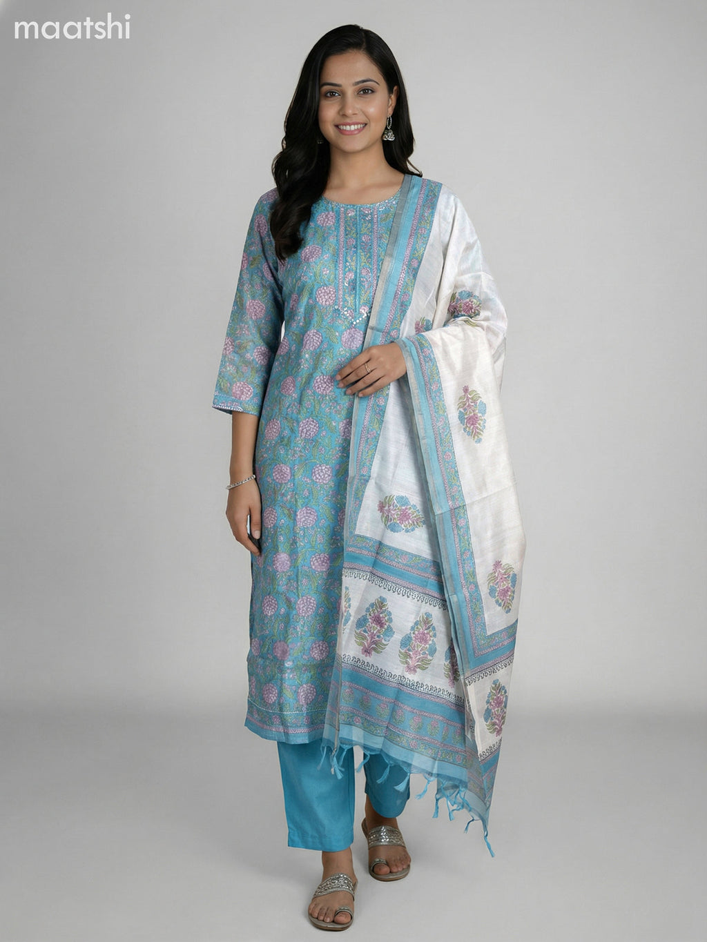 Teal Blue and Cream Chanderi Kalamkari Printed Straight Suit